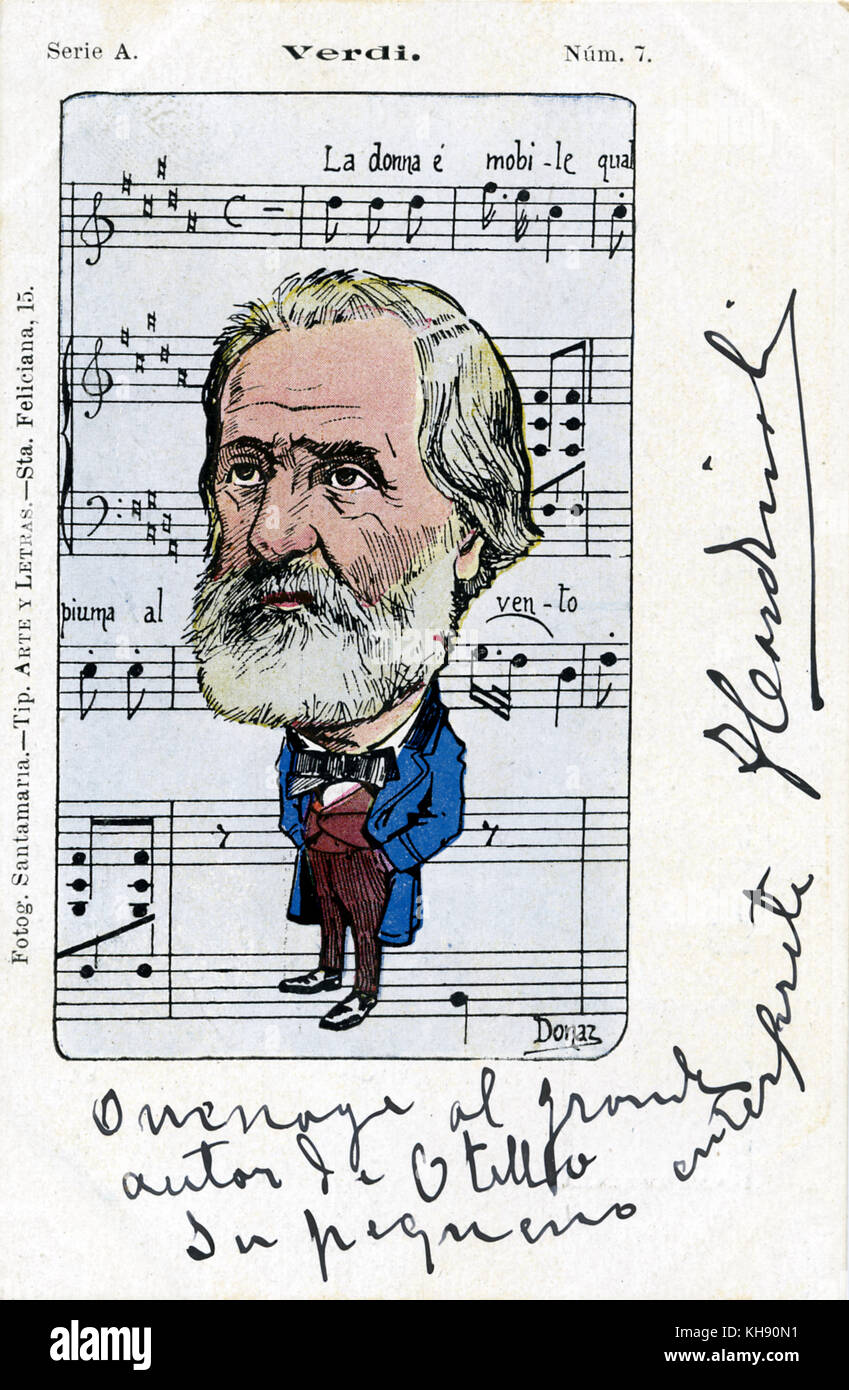Giuseppe Verdi - caricatura e il punteggio. Compositore italiano, 9 o 10 Ottobre 1813 - 27 gennaio 1901. Punteggio ottenuto è " La donna è mobile' da "Rigoletto". Foto Stock