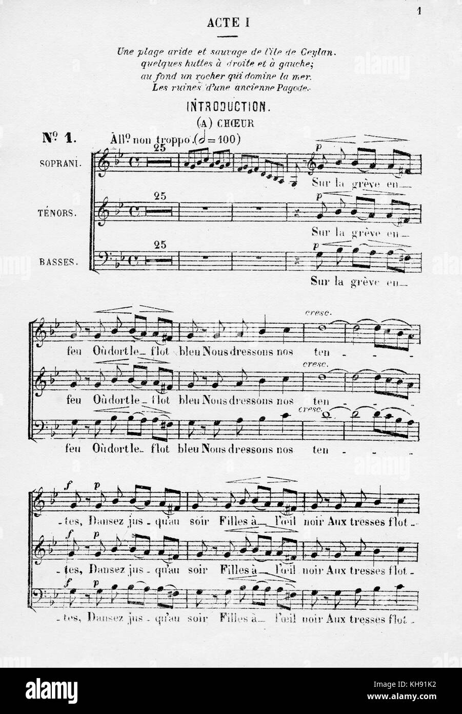 Les Pecheurs de perles.Atto I, pagina di apertura del cliente per coro. 'Sur la greve en feu…' Opera en 3 actes de M Carré & Cormon. Musique de Georges Bizet. Pubblicato a Parigi, Choudens. Punteggio ottenuto il coperchio. Il compositore francese, 25 Ottobre 1838 - 3 giugno 1875 Foto Stock