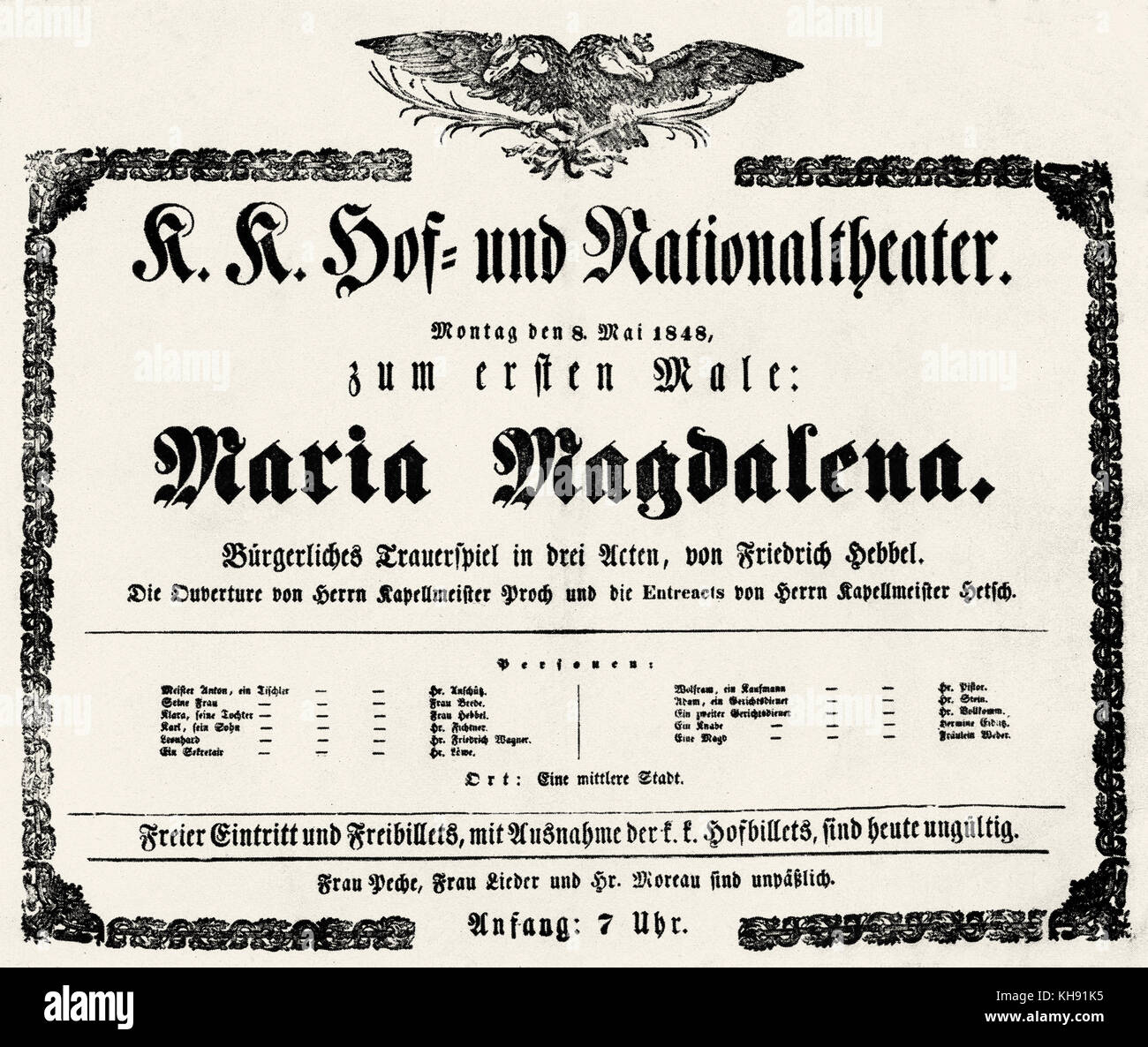 Maria Magdalena - gioco da Friedrich Hebbel. Locandina per premiere al Burgtheater di Vienna, Austria, 8 maggio 1848 (Originale premiere in Königsberg, 1846). (Nationalsbibliotek Austria, Dipartimento di Teatro). Teatro noto anche come K.K Hof und Nationaltheater. CFH: Tedesco poeta e drammaturgo, 18 marzo 1813 - 13 dicembre 1863. Foto Stock