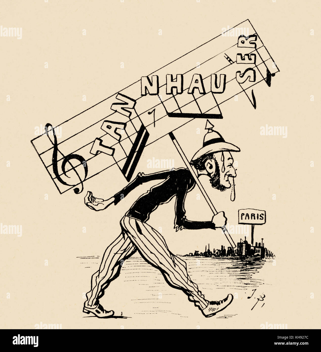 Richard Wagner - Tannhäuser caricatura di J. Blass. Didascalia: 'Wagner l'impostazione off per Parigi, peddling il suo "Tannhäuser". RW: compositore tedesco & autore, 22 maggio 1813 - 13 febbraio 1883. Foto Stock