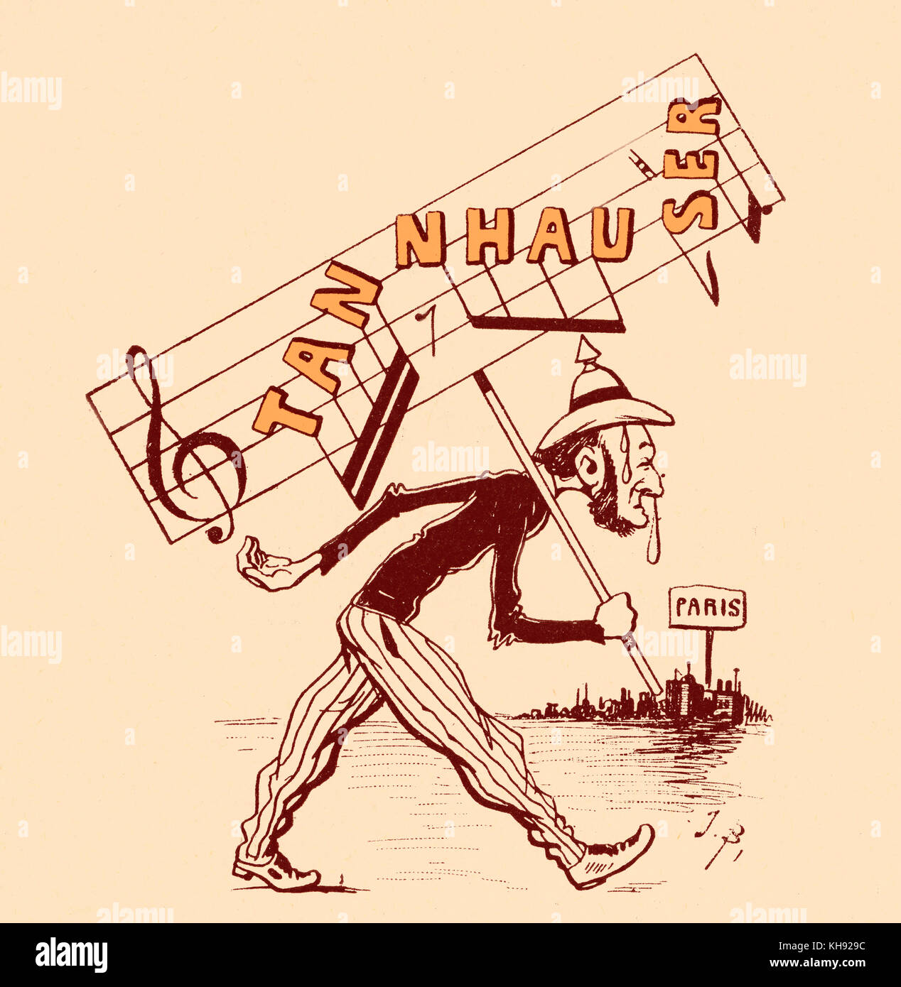 Richard Wagner - Tannhäuser caricatura di J. Blass. Didascalia: 'Wagner l'impostazione off per Parigi, peddling il suo "Tannhäuser". RW: compositore tedesco & autore, 22 maggio 1813 - 13 febbraio 1883. Foto Stock
