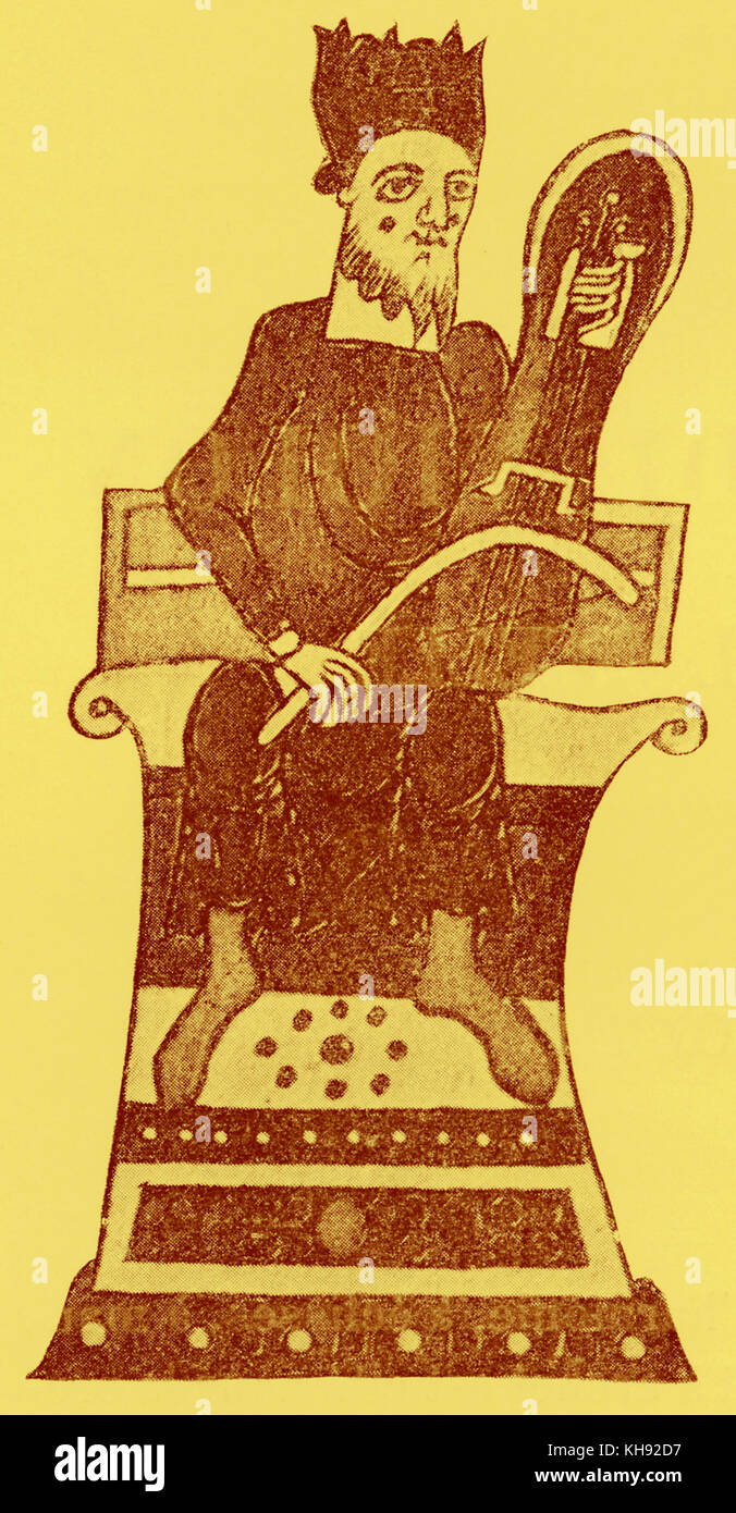 Crwth con tre stringhe. Illustrazione dal manoscritto di Saint-Martial di Limoges. Xi secolo. Foto Stock