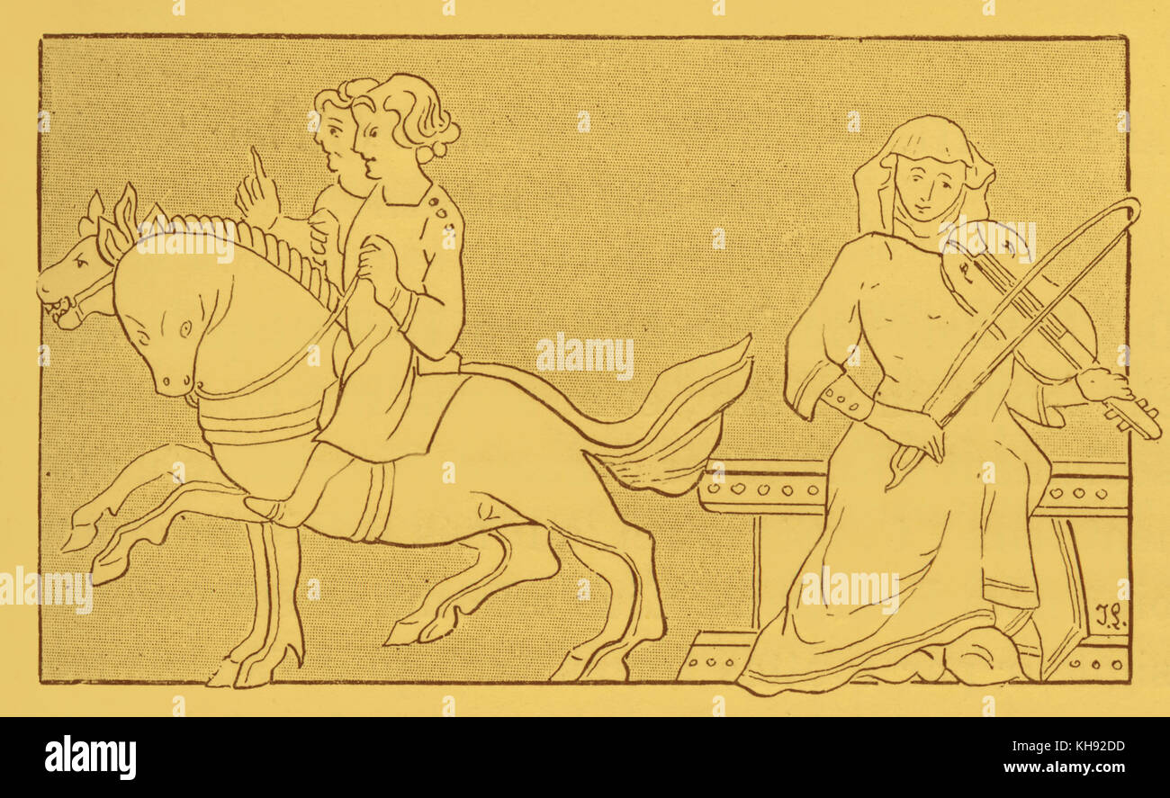 Josaine dissimulata come un menestrello canta e suona un cinque corde o fiddle vielle (francese: vièle) per rendersi riconoscibili per il suo amore Bewis. Dalla miniatura in 'Roman de Guion', xiii secolo . Foto Stock