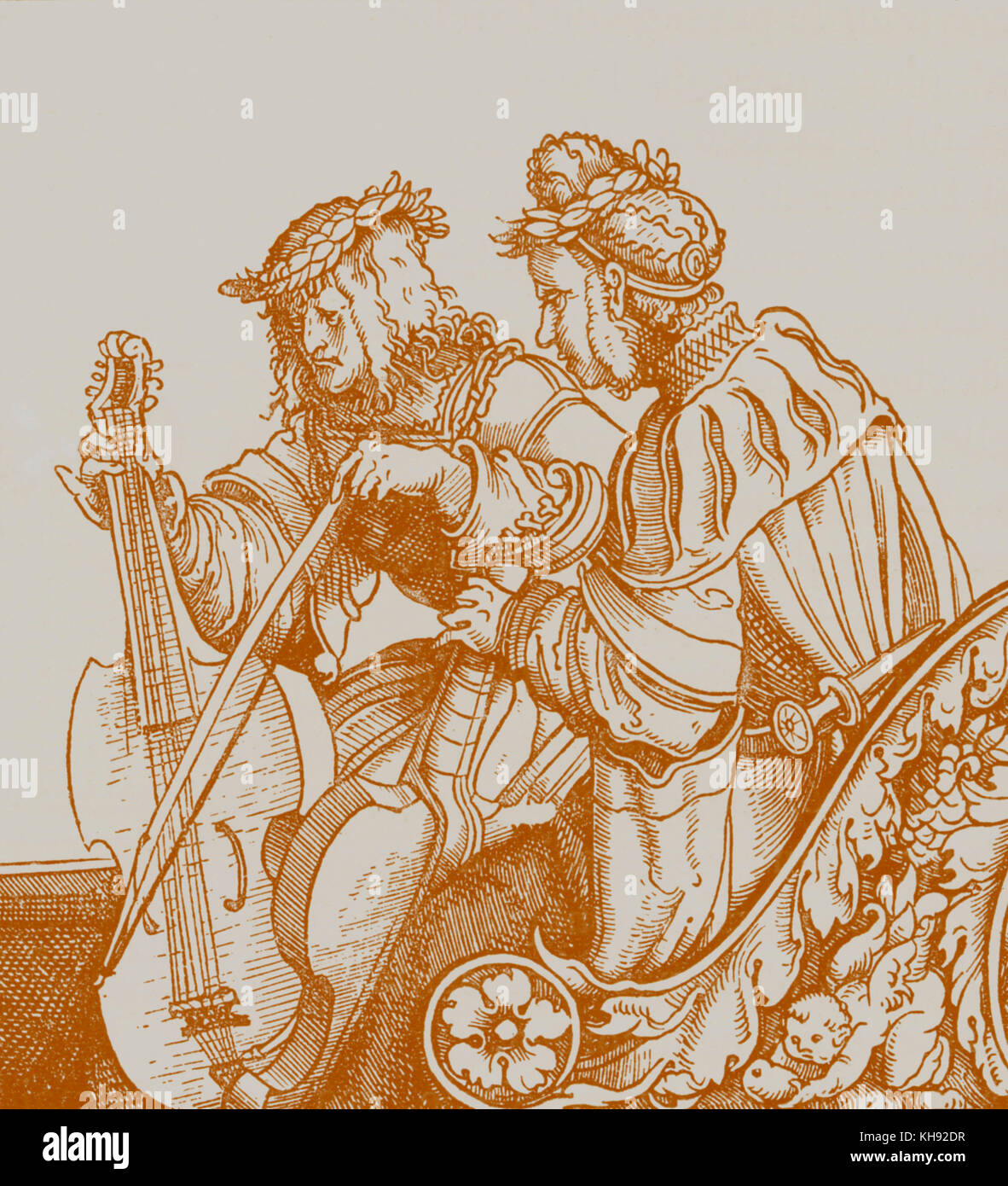 I musicisti suonano bass viols con sei corde - dal disegno di Albert Dürer intitolata "Triomphe de Maximilien' ('trionfo di Massimiliano'). Il XVI secolo. Foto Stock