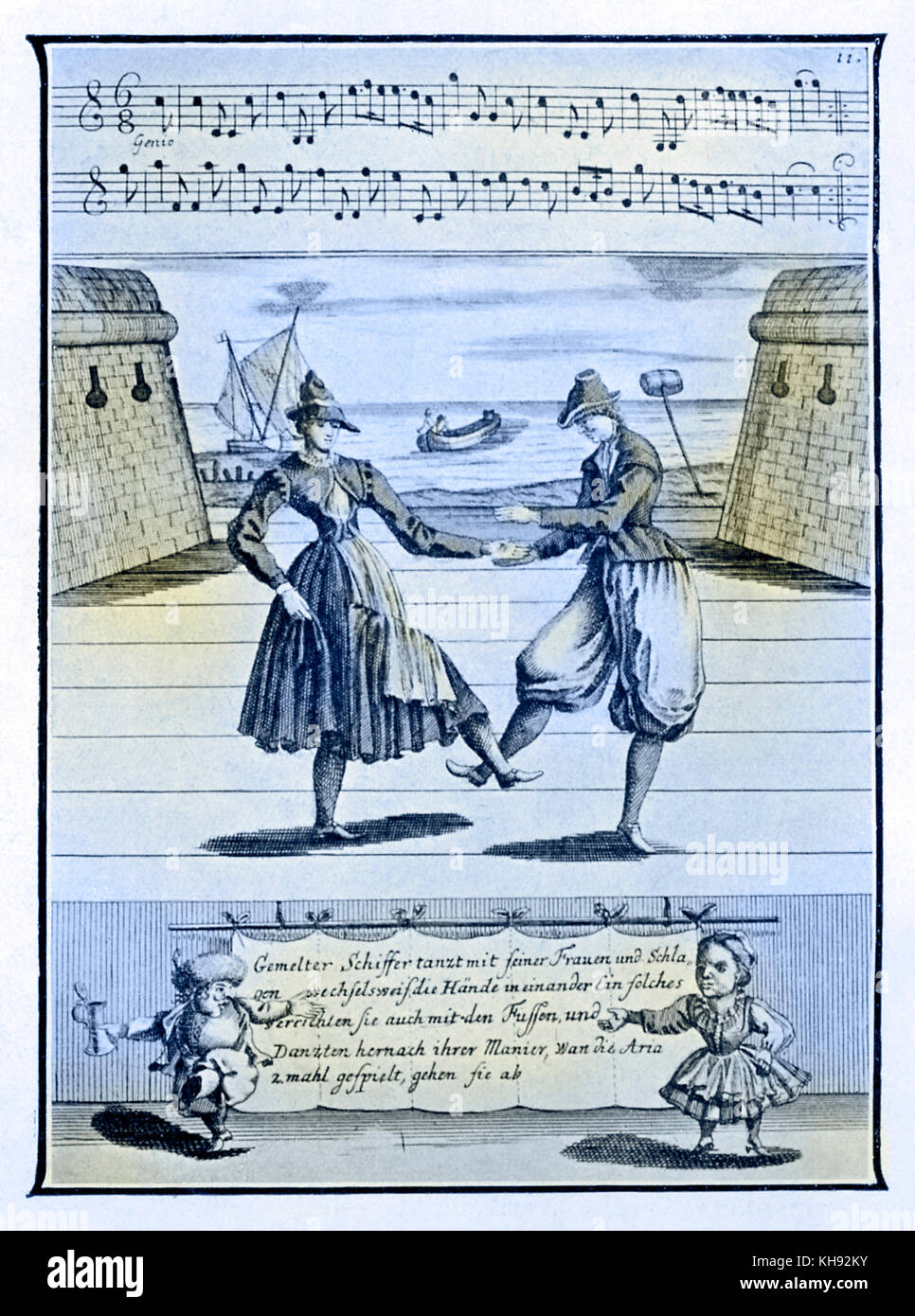 La danza dei pescatori tedeschi - da incisione pubblicato in Lambrauzi's Ecole de Danse. Danze di balletto del XVII e XVIII secolo. (Francese: "anse de pêcheurs germains'). Coppia sposata a ballare. Foto Stock