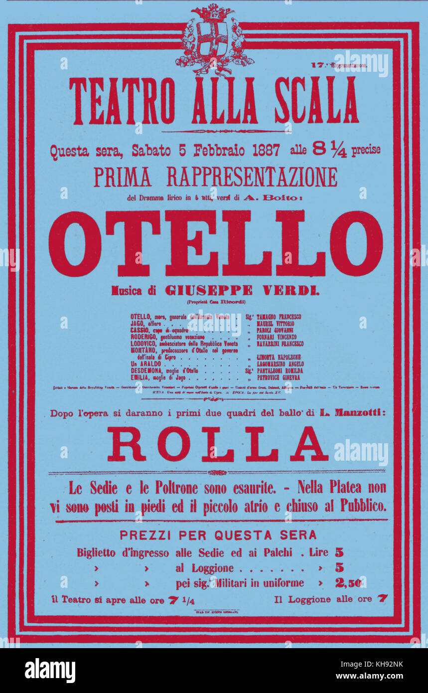 Giuseppe Verdi' S Otello poster per premiere performance al Teatro alla Scala di Milano, datata 5 febbraio 1887. Compositore italiano (1813-1901). Basato sulla commedia di Shakespeare Otello. Foto Stock