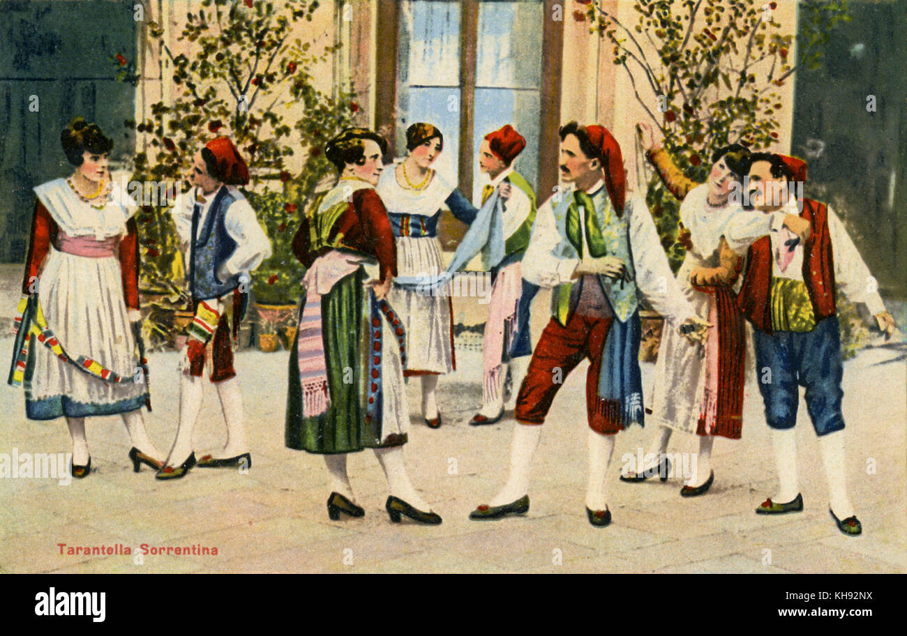 La Tarantella a Sorrento, Italia. Italian folk dance. Inizio del XX secolo la cartolina. Foto Stock