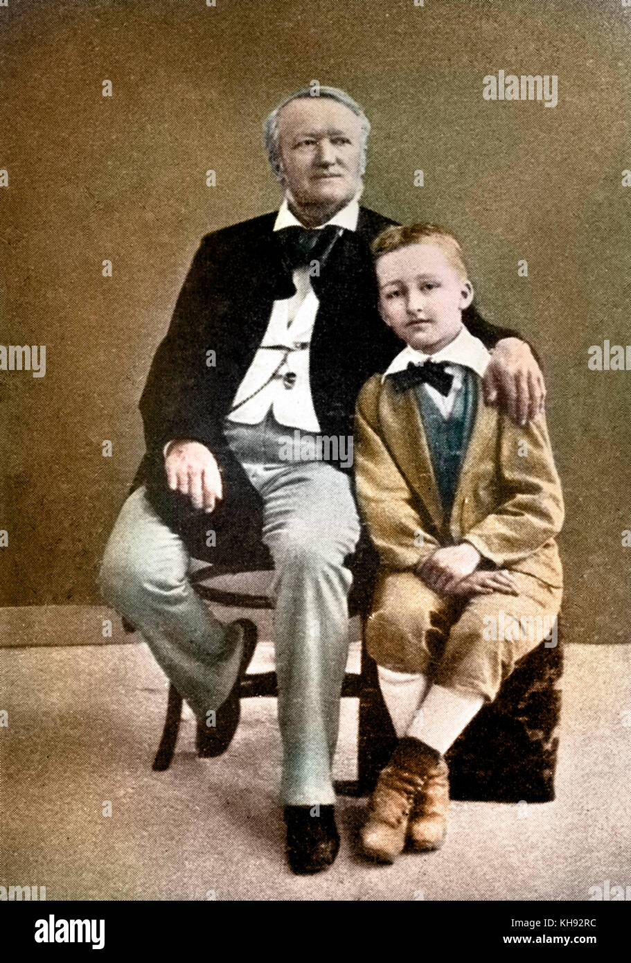 Richard Wagner con il suo figlio Siegfried come un ragazzo giovane. RW: compositore tedesco & autore, 22 maggio 1813 - 13 febbraio 1883. Foto Stock