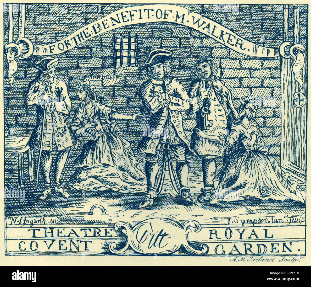 Il mendicante 's opera di John Gay. Il design del biglietto per un vantaggio di prestazioni Beggar's Opera al Theatre Royal di Covent Garden, starring M. Walker. Da incisione di Samuel Irlanda dopo incisione su rame da Giuseppe Sympson il Giovane (c.1705-1736) dopo un disegno (c.1728-31) da William Hogarth. Gay: inglese il drammaturgo e poeta, 16 settembre 1685 - 4 dicembre 1732. Foto Stock