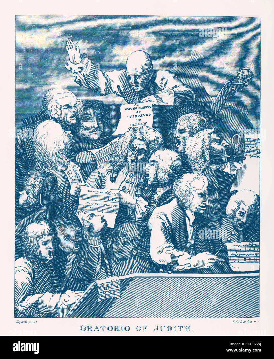 Handel's Choir / il coro - nel disegno di Hogarth, 1731. Il canto Willem de Fesch di oratorio, "Judith'. Foto Stock