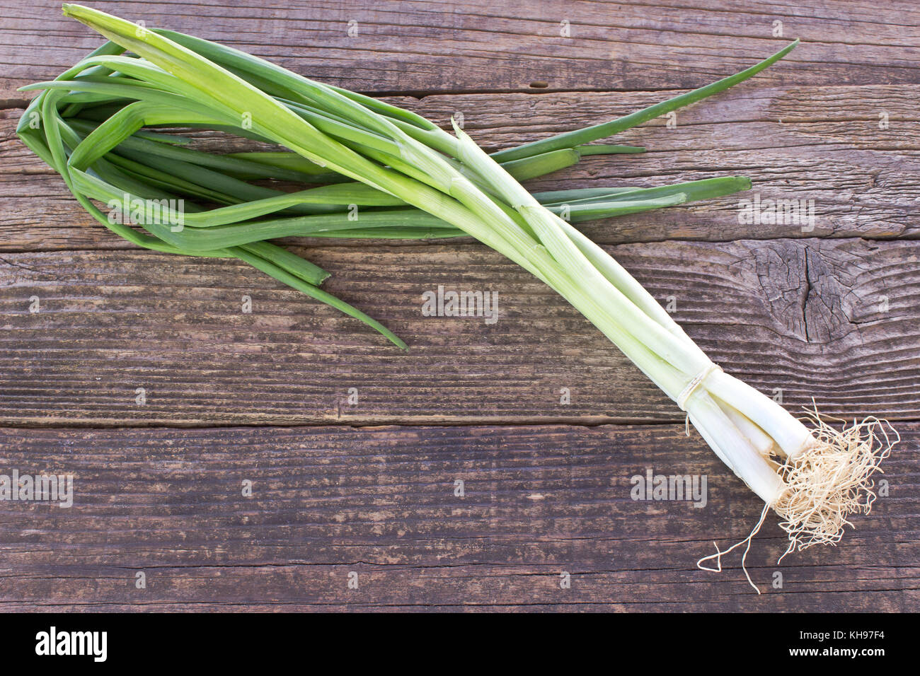 Giovani cipolla sul tavolo di legno Foto Stock