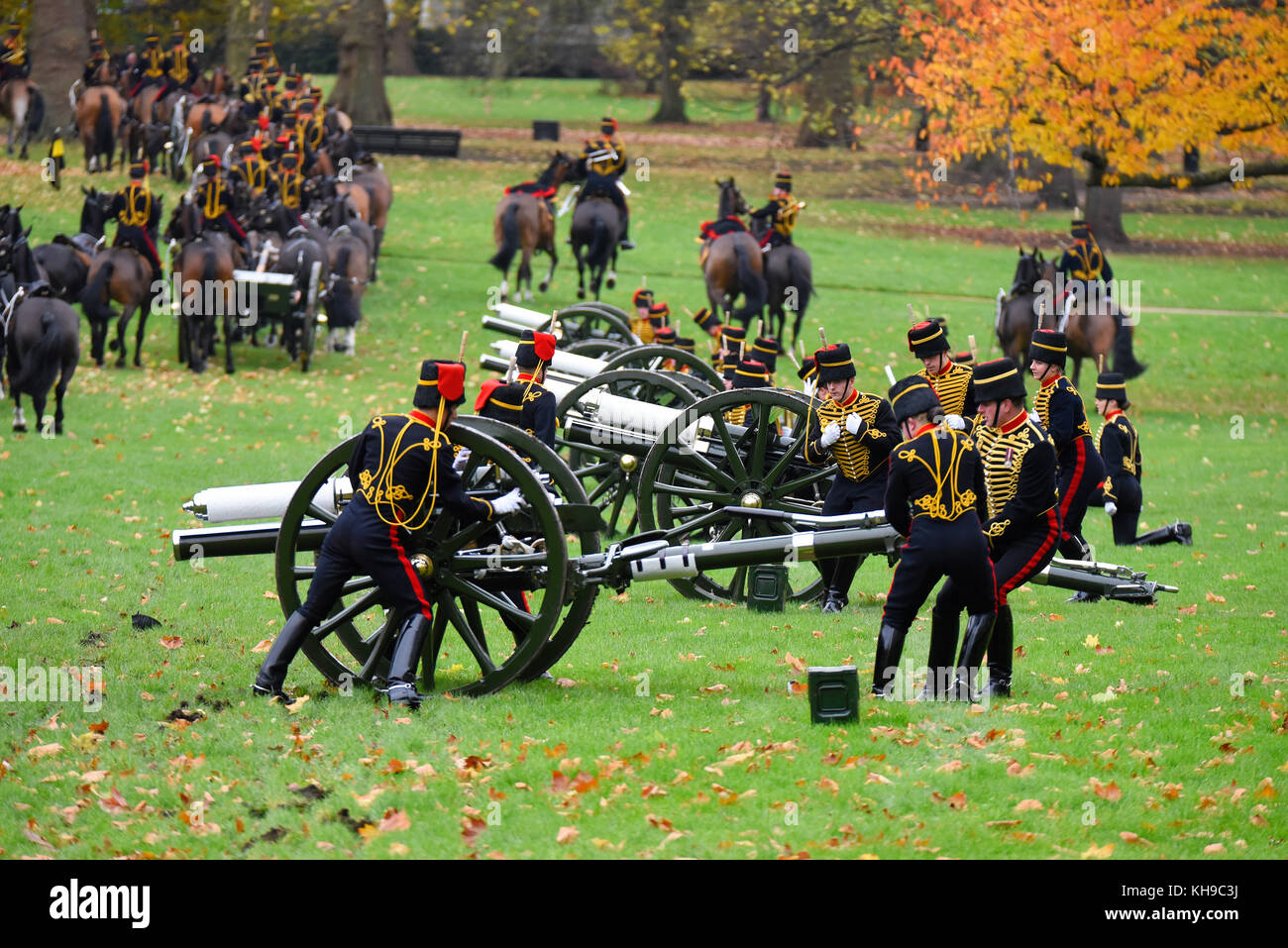King's Troop Royal Horse Artillery a Green Park Londra per un saluto di 41 cannoni per il 69° compleanno del Principe di Galles. Colori autunnali Foto Stock