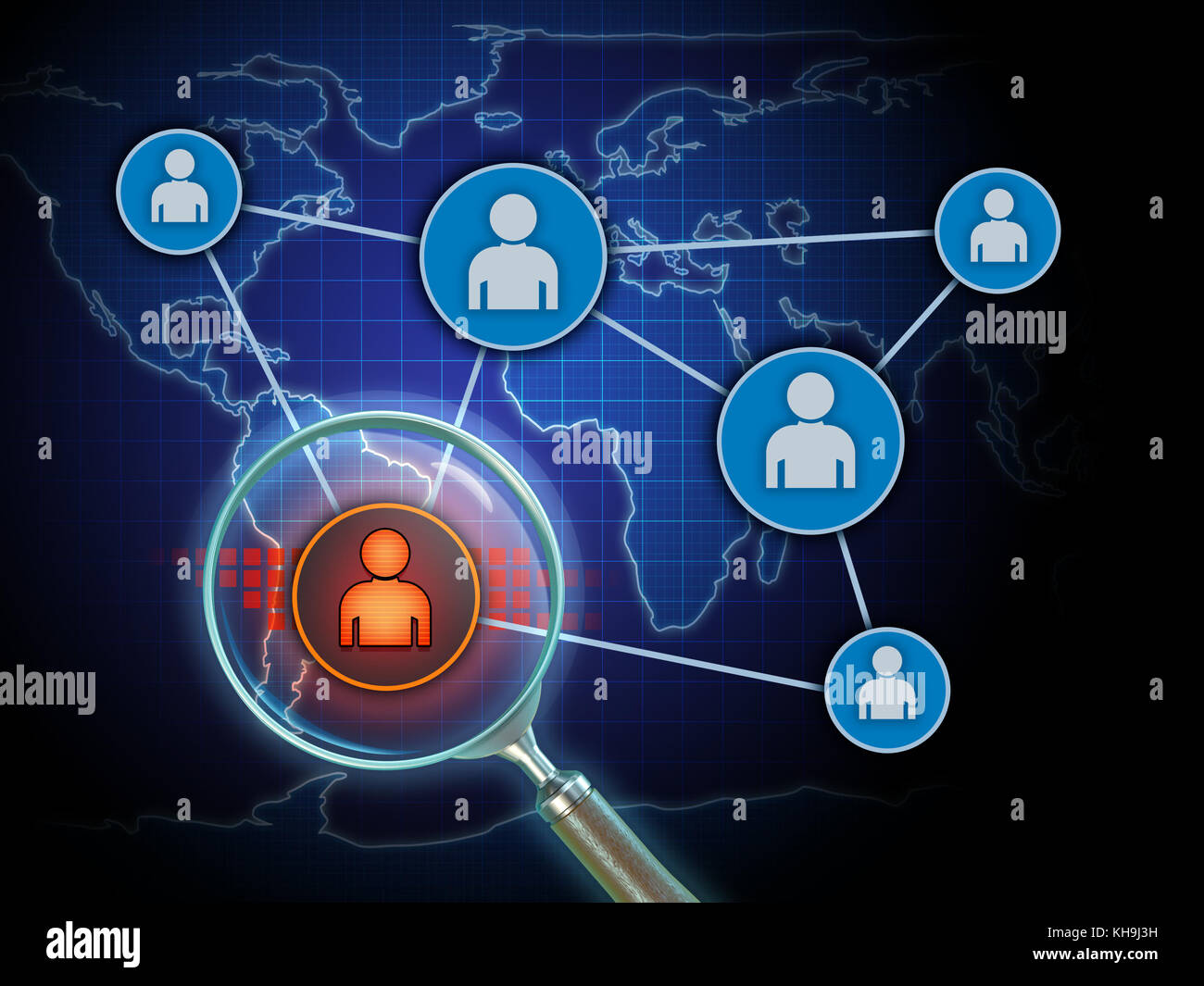 Ricerca di minacce interne in una rete. Illustrazione 3D. Foto Stock