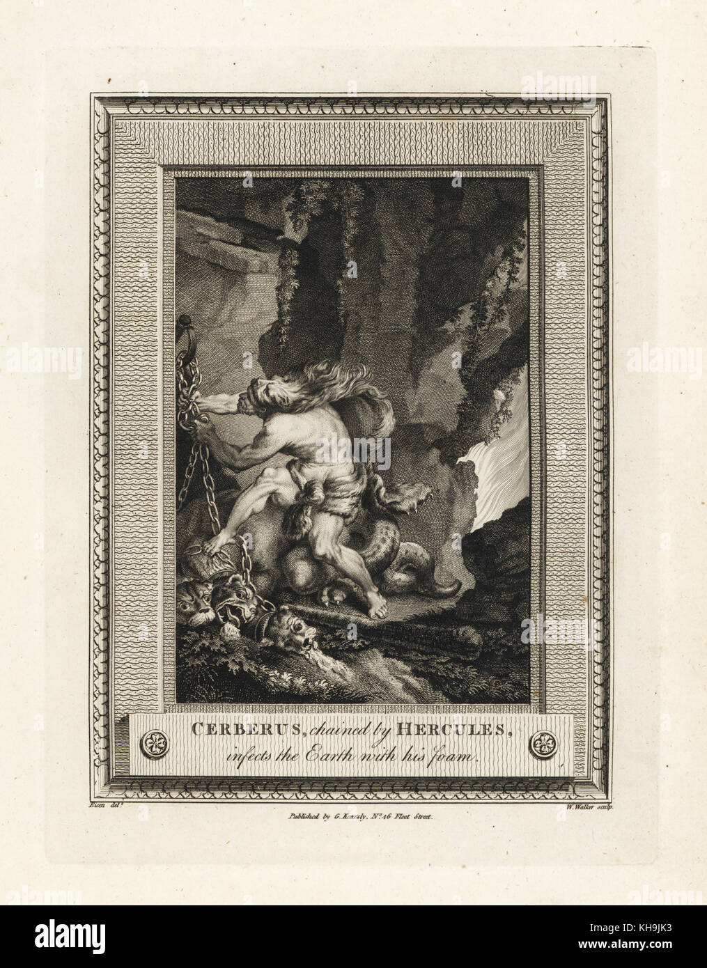 Cerberus, incatenato da Hercules, infetta la terra con la sua schiuma. Incisione su rame di W. Walker dopo una illustrazione da Charles Eisen dalla piastrina di rame rivista mensile o Tesoro, G. Kearsley, Londra, 1778. Foto Stock