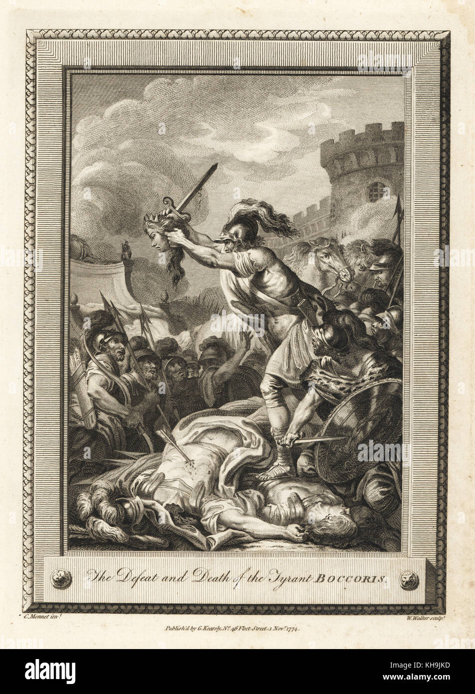 La sconfitta e la morte del tiranno Boccoris. Incisione su rame di W. Walker dopo una illustrazione di C. Monnet dalla piastrina di rame rivista mensile o Tesoro, G. Kearsley, Londra, 1778. Foto Stock