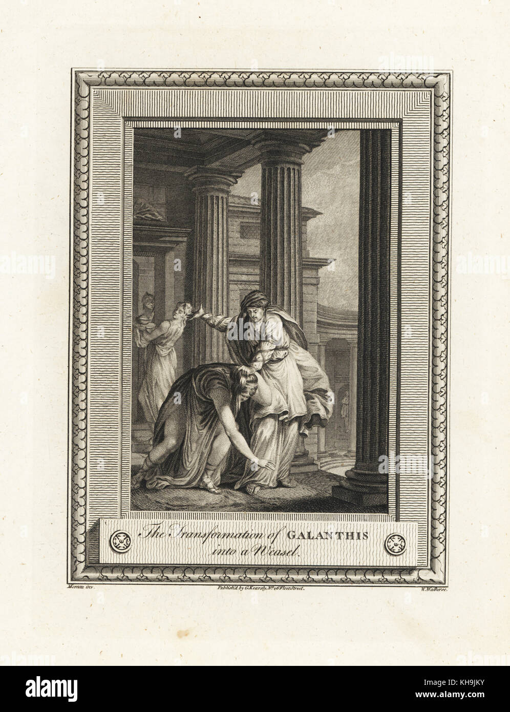 La trasformazione di Galanthis in una donnola da Lucina, dea del parto. Incisione su rame di W. Walker dopo una illustrazione da Moreau dalla piastrina di rame rivista mensile o Tesoro, G. Kearsley, Londra, 1778. Foto Stock