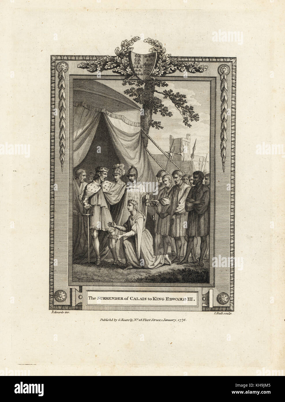 La rinuncia di Calais a King Edward III, 1347. Incisione su rame di J. Hall dopo una illustrazione da Edwards dalla piastrina di rame rivista mensile o Tesoro, G. Kearsley, Londra, 1778. Foto Stock