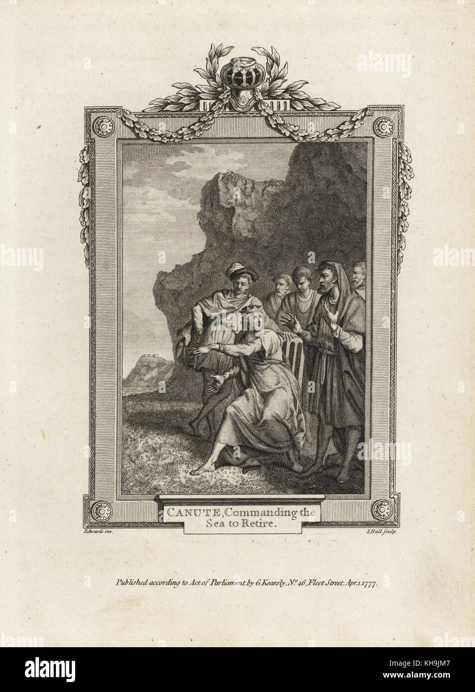 Re Canuto comandando il mare a ritirarsi. Incisione su rame di J. Hall dopo una illustrazione da Edwards dalla piastrina di rame rivista mensile o Tesoro, G. Kearsley, Londra, 1778. Foto Stock