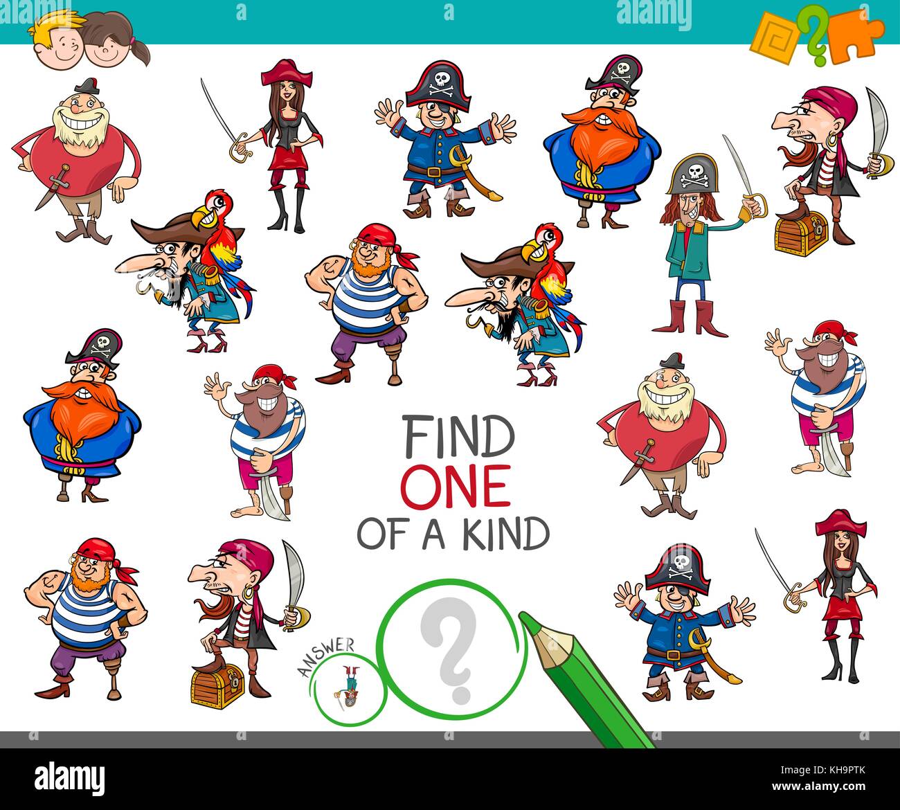 Cartoon illustrazione di trovare un tipo di attività educativa gioco per bambini con pirati personaggi dei fumetti Illustrazione Vettoriale