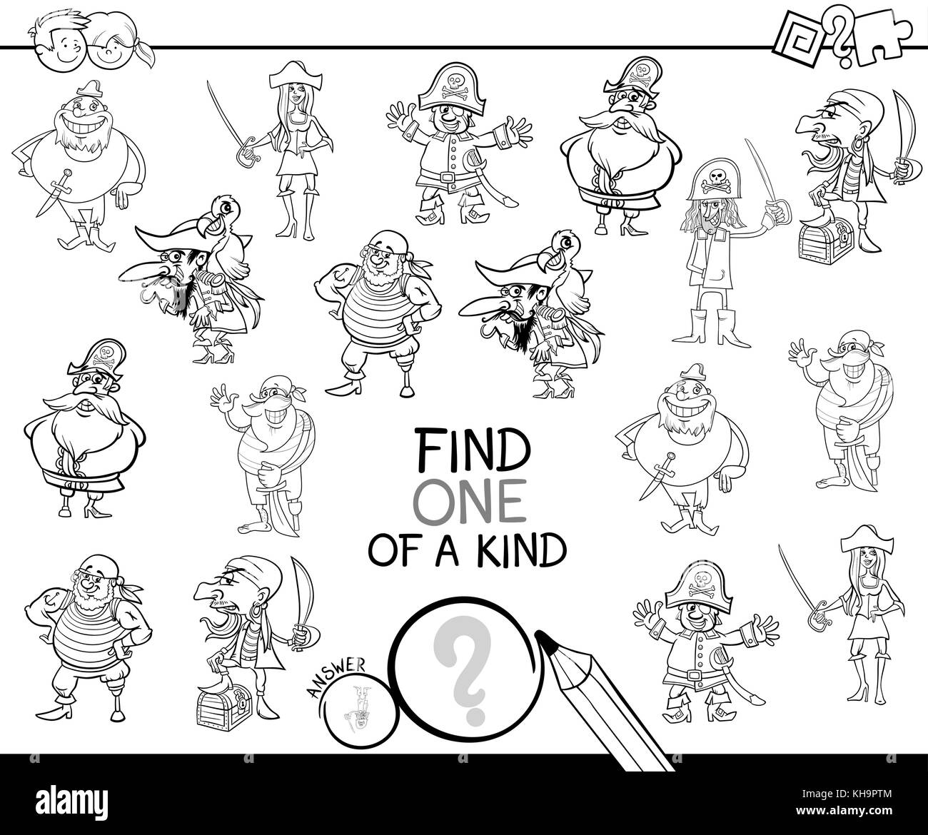 Bianco e nero cartoon illustrazione di trovare un tipo di attività educativa gioco per bambini con pirati caratteri comico libro da colorare Illustrazione Vettoriale