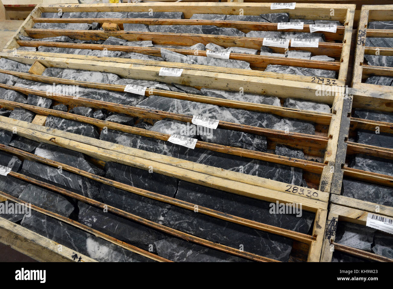 Nucleo di roccia campioni prelevati da una esplorazione mineraria azienda la prospezione di oro, vicino a Stewart, British Columbia, Canada. Foto Stock