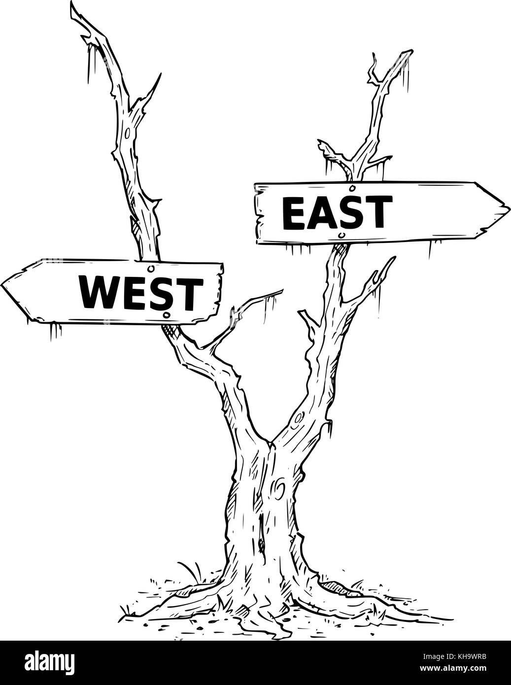 Vettore di disegno della palude di morti o albero del deserto a ovest o a est decisione aziendale di segni freccia. Illustrazione Vettoriale