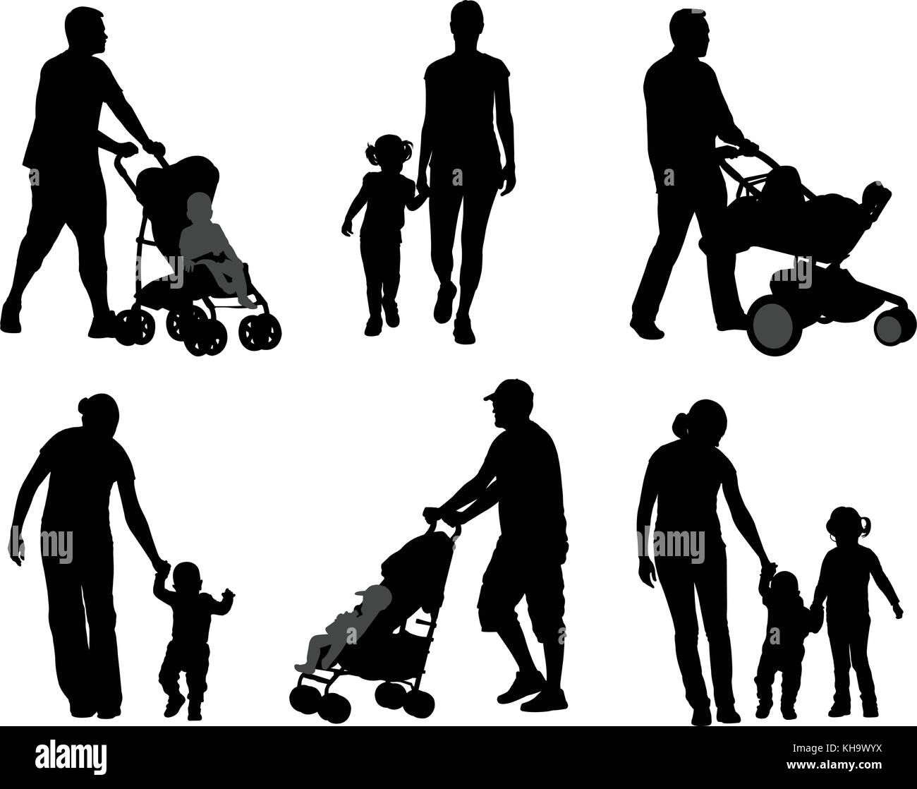 I genitori a piedi con i loro bambini sagome - vettore Illustrazione Vettoriale