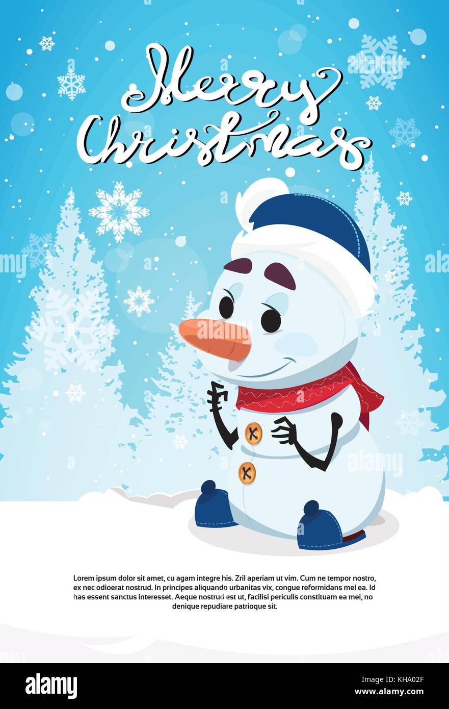 Merry Christmas snowman simpatico personaggio su vacanze invernali greeting card banner con spazio di copia Illustrazione Vettoriale