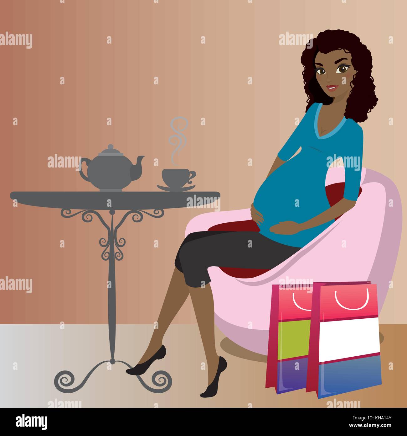 Carino americano africano donna incinta dopo lo shopping è bere c Illustrazione Vettoriale