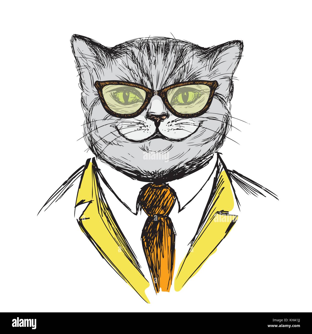 Cat vestito in stile hipster,moda illustrazione vettoriale, su sfondo bianco Illustrazione Vettoriale