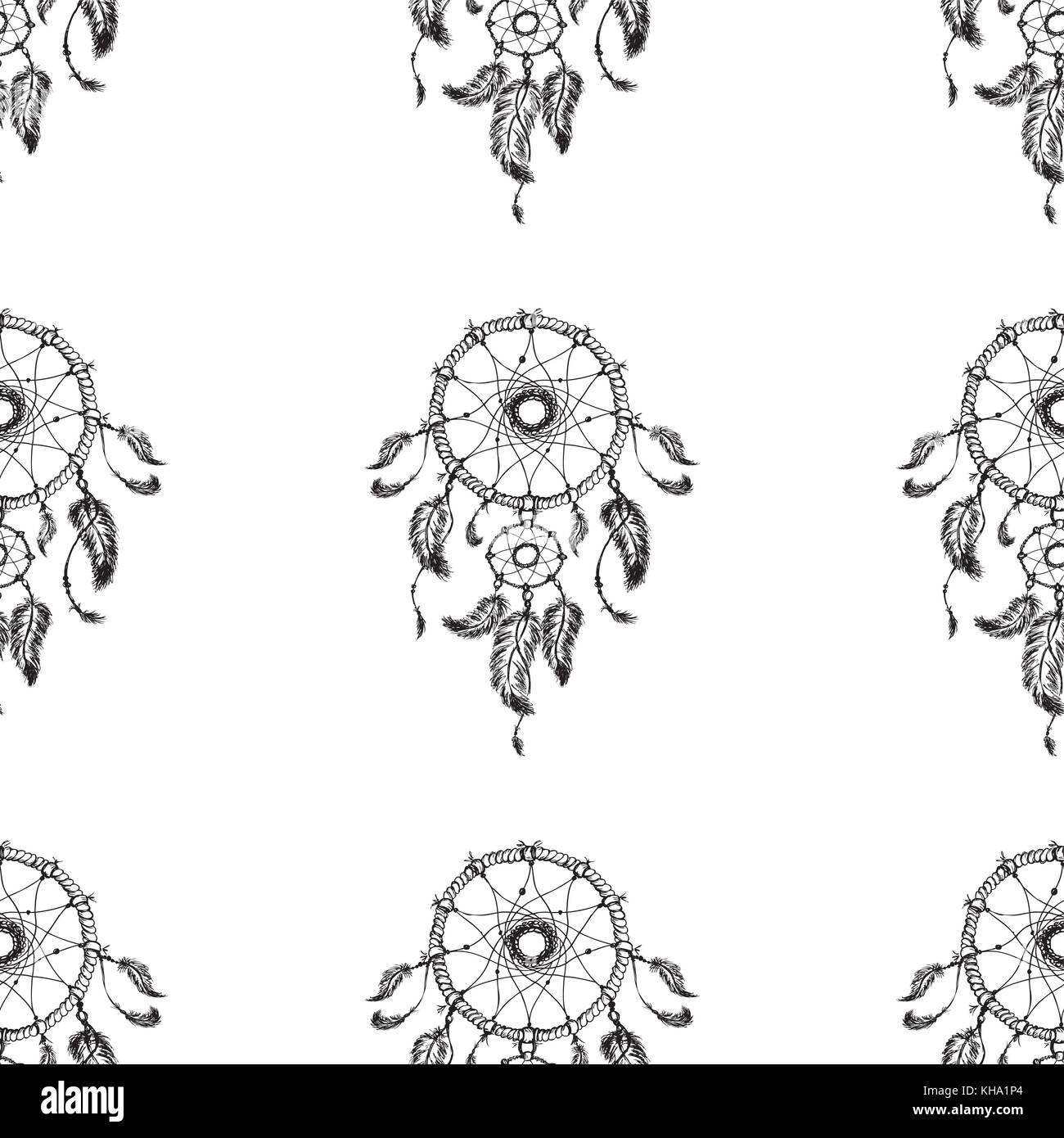 Disegnate a mano dreamcatcher con piume. seamless pattern. illustrazione etnica, tribale indiani americani simbolo tradizionale. illustrazione vettoriale Illustrazione Vettoriale
