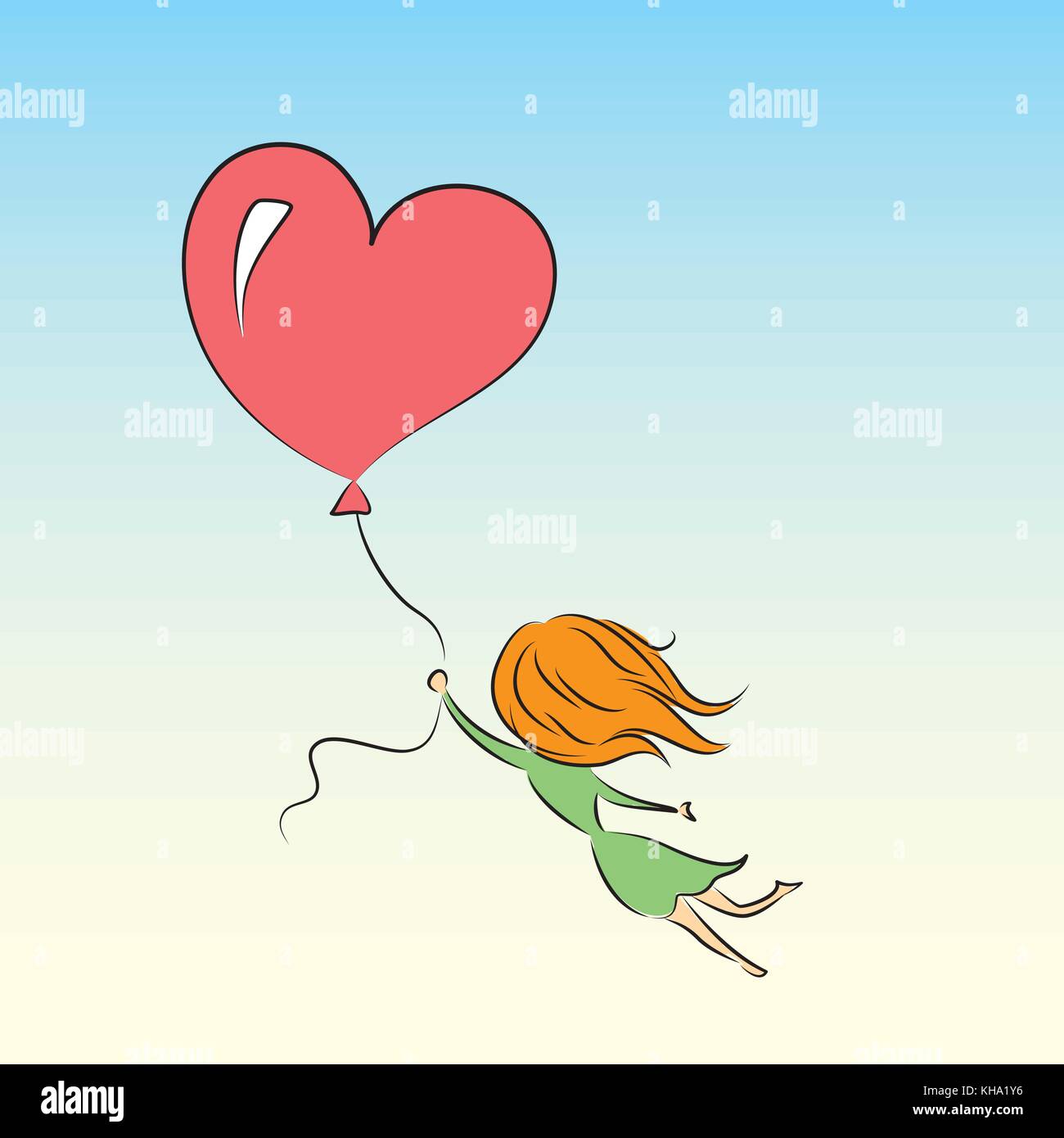 La ragazza è volare su un palloncino a forma di cuore, illustrazione  vettoriale Immagine e Vettoriale - Alamy