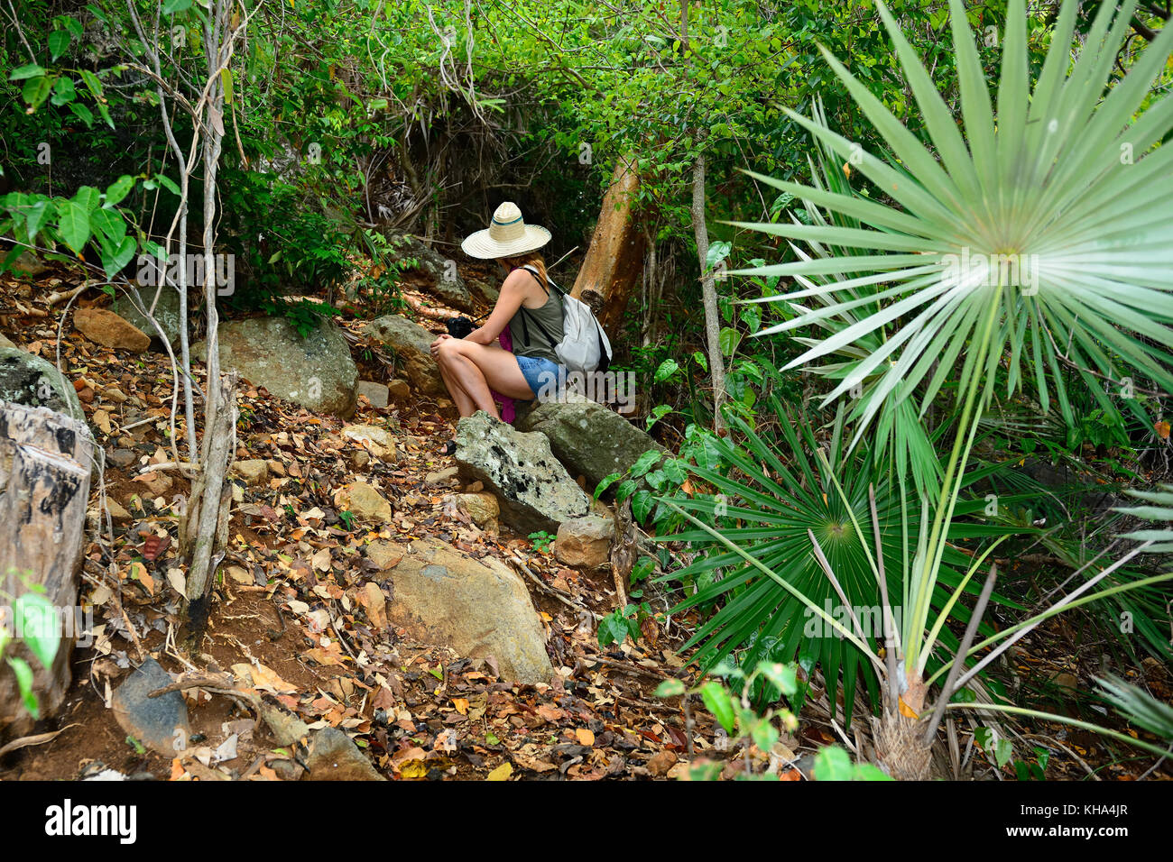 Tourist in appoggio sul sentiero per il picco più alto su cuba pico turquino essendo in una catena montuosa della Sierra Maestra a cuba Foto Stock