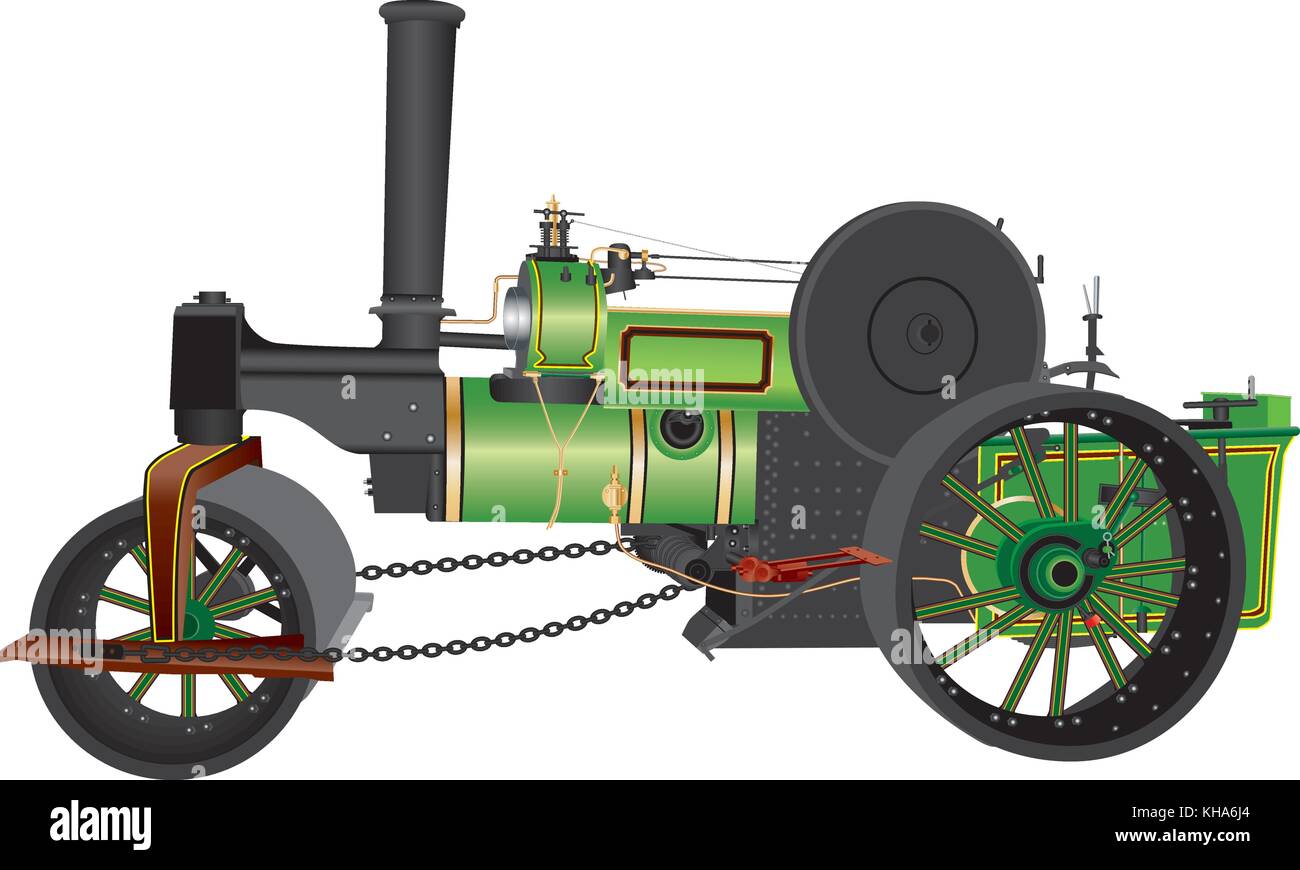 Una dettagliata illustrazione vettoriale di un verde nero e colorato in ottone a vapore strada alimentati a rullo motore di trazione con raccordi in ottone isolato su bianco Illustrazione Vettoriale