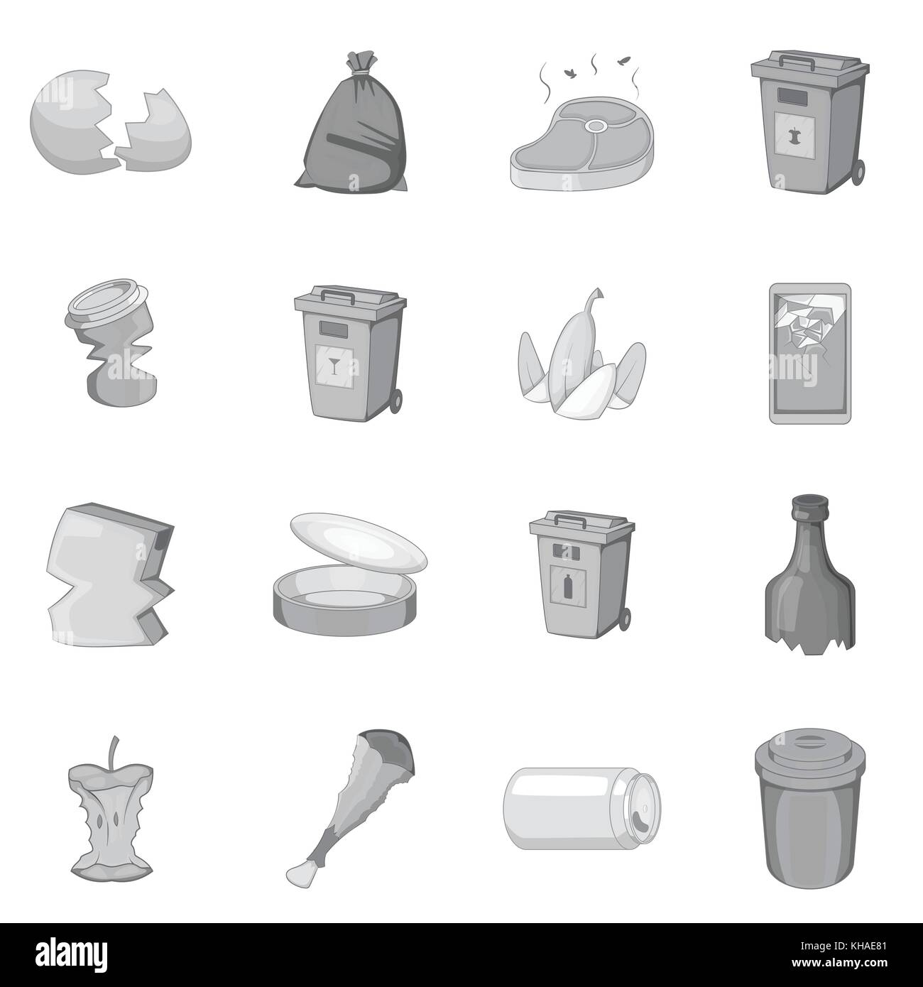 Garbage voci set di icone di stile in bianco e nero Illustrazione Vettoriale