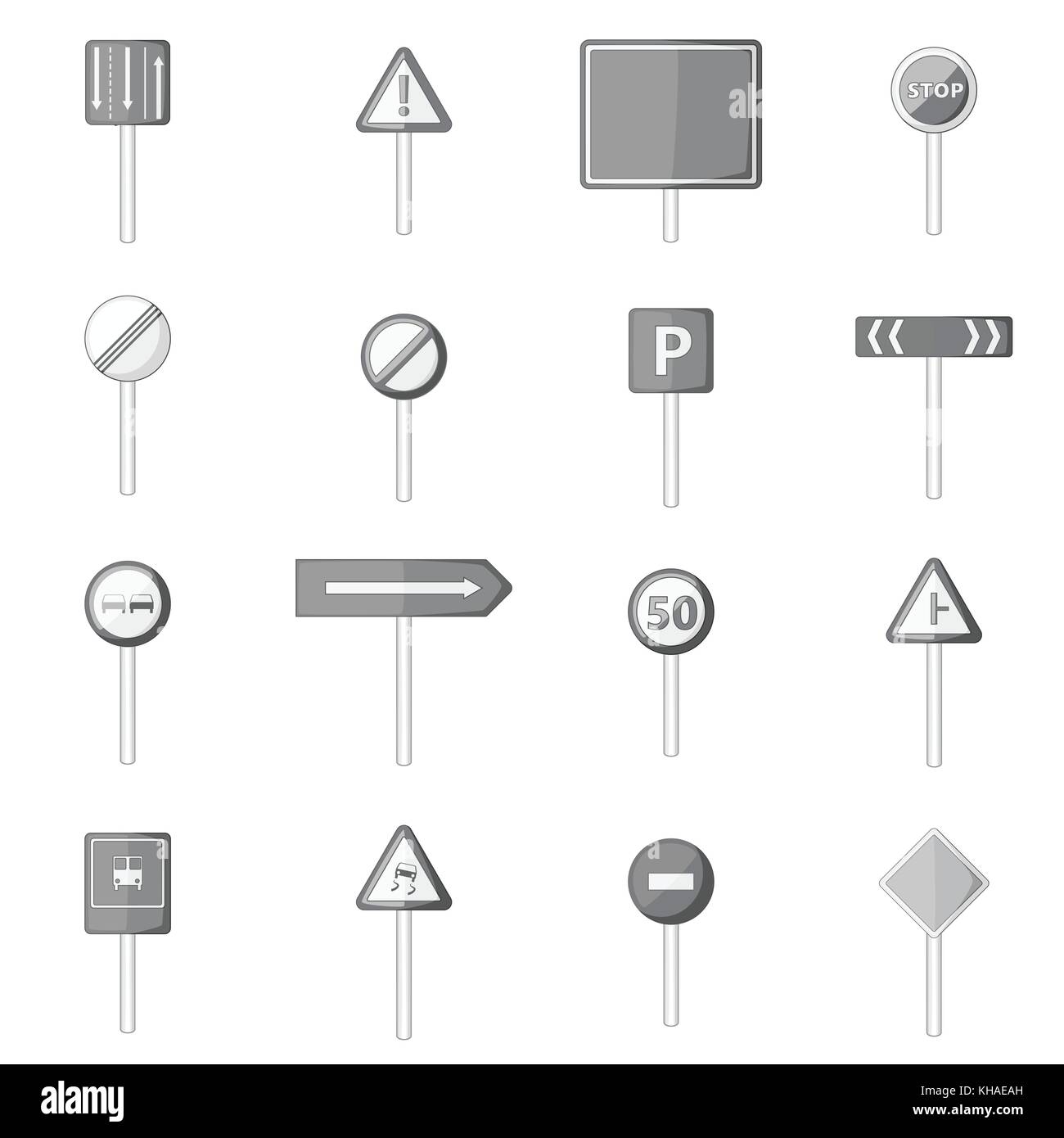 Segnaletica stradale set di icone di stile in bianco e nero Illustrazione Vettoriale