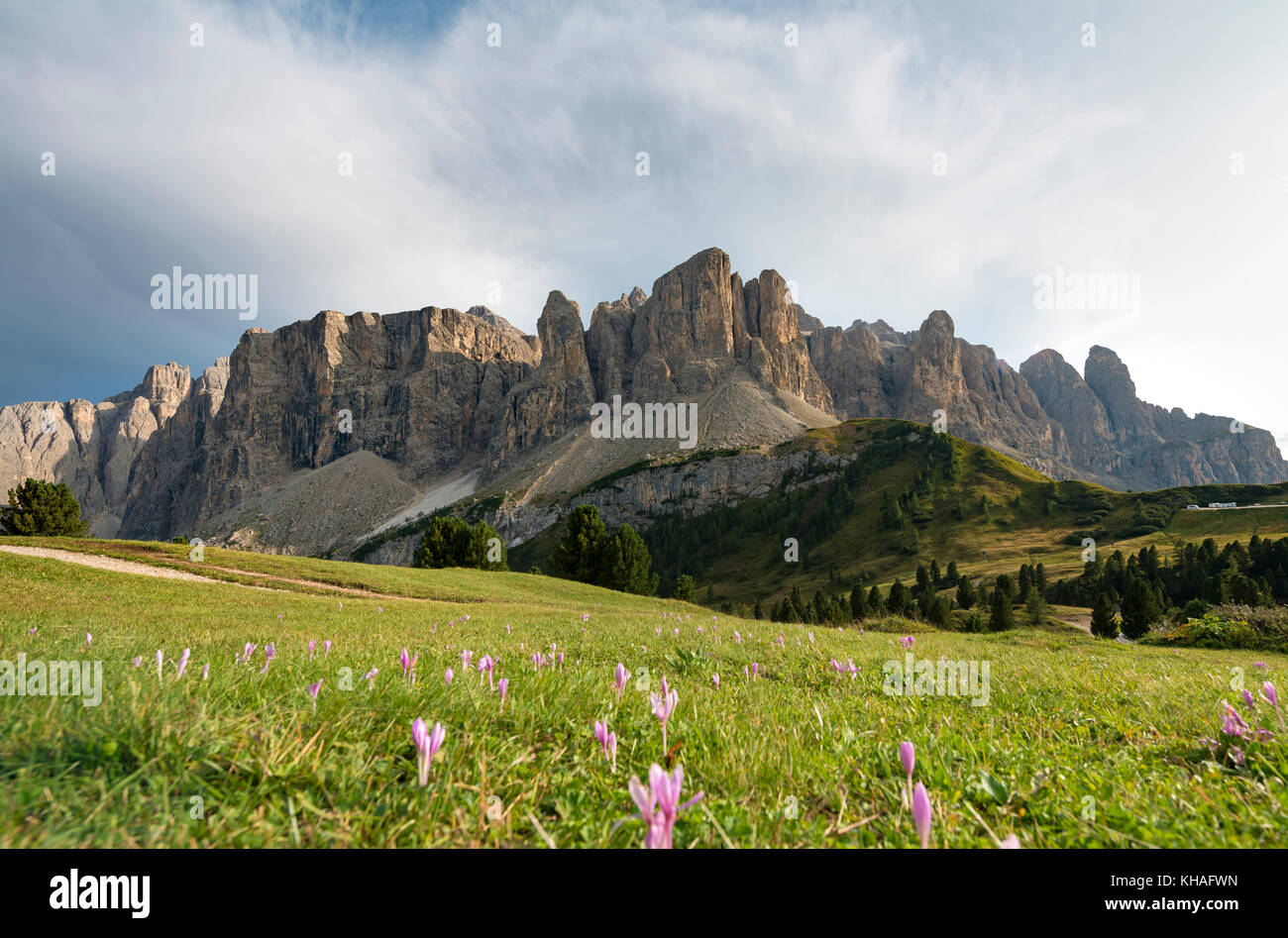 Gruppo sella con piscadu, val Gardena, Passo Gardena, parco naturale Puez-geisler, Dolomiti a Selva di val gardena Foto Stock