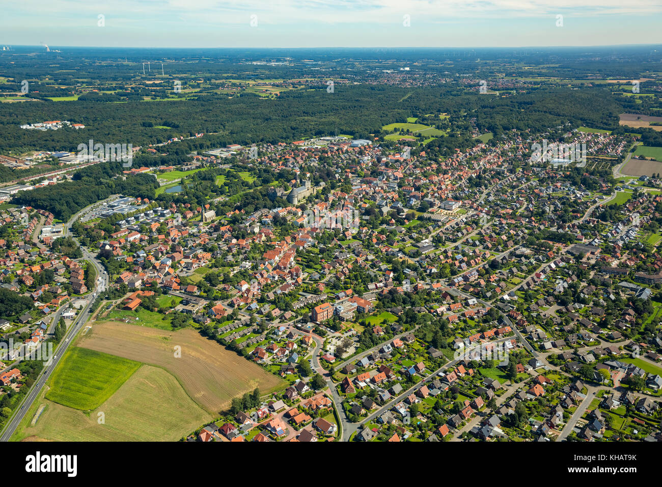 Castello di Bentheim, Torre delle polveri, Panoramica della città, parco del castello, Bad Bentheim, bassa Sassonia, Germania, Europa, Vista aerea, Aerial, Fotografia aerea, aeria Foto Stock