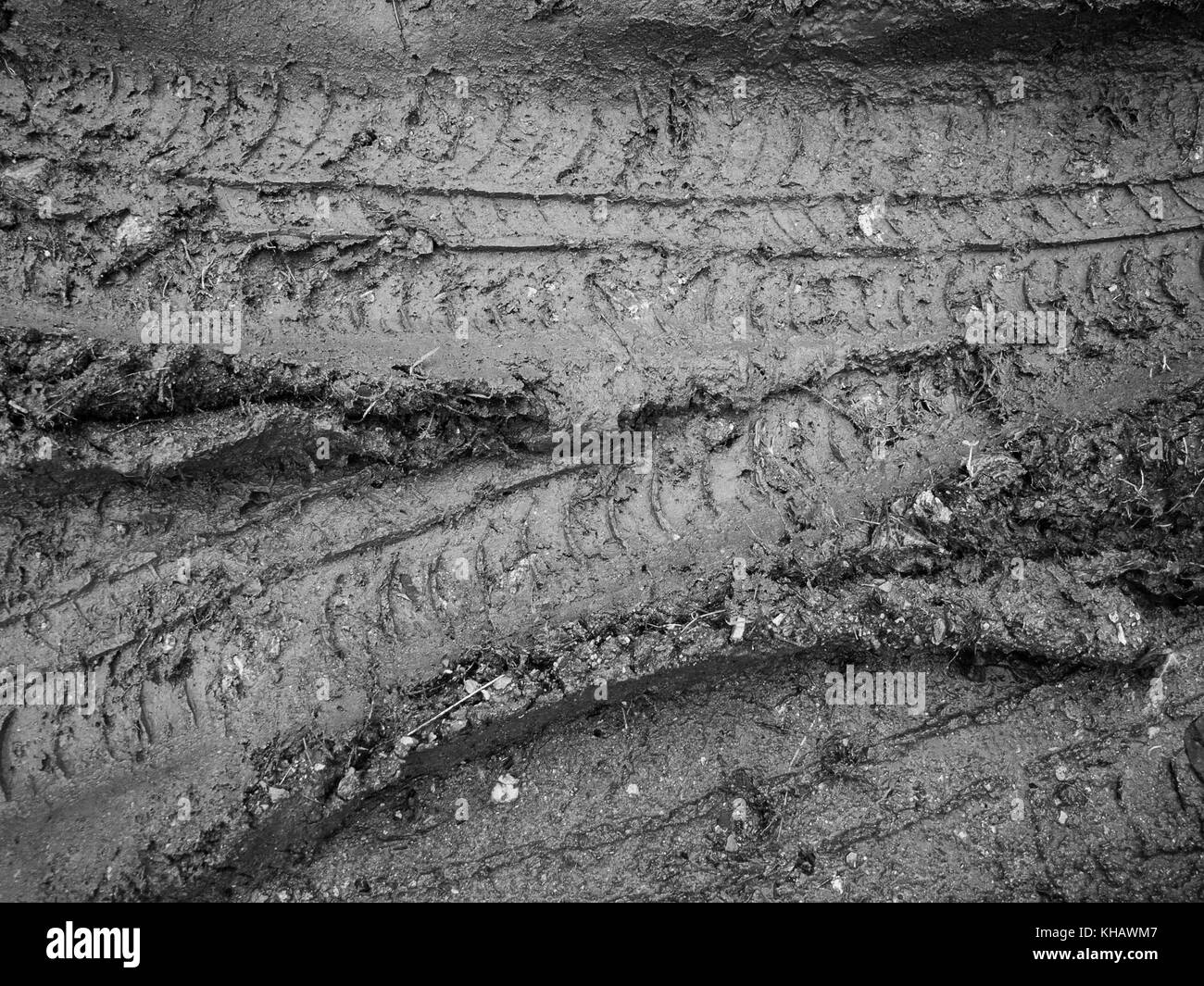 Colpo bianco e nero di pneumatici in fango d'autunno spesso. Per "stick nel fango", fangoso texture, fangoso superficie, fango, stagione invernale fango, terreno fangoso. Foto Stock