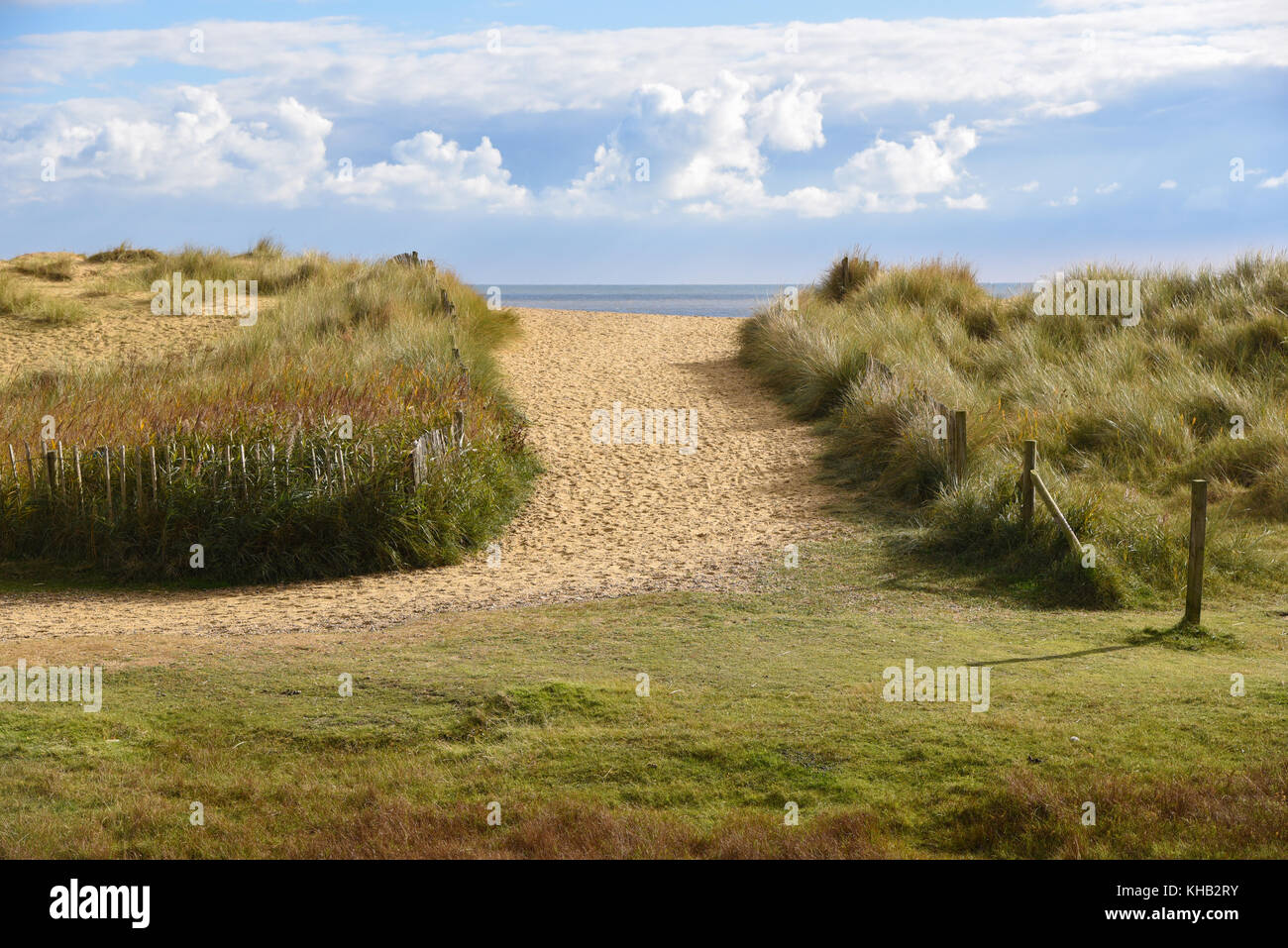 Spiaggia sabbiosa percorso al mare attraverso le dune erbose in Norfolk, Inghilterra Foto Stock