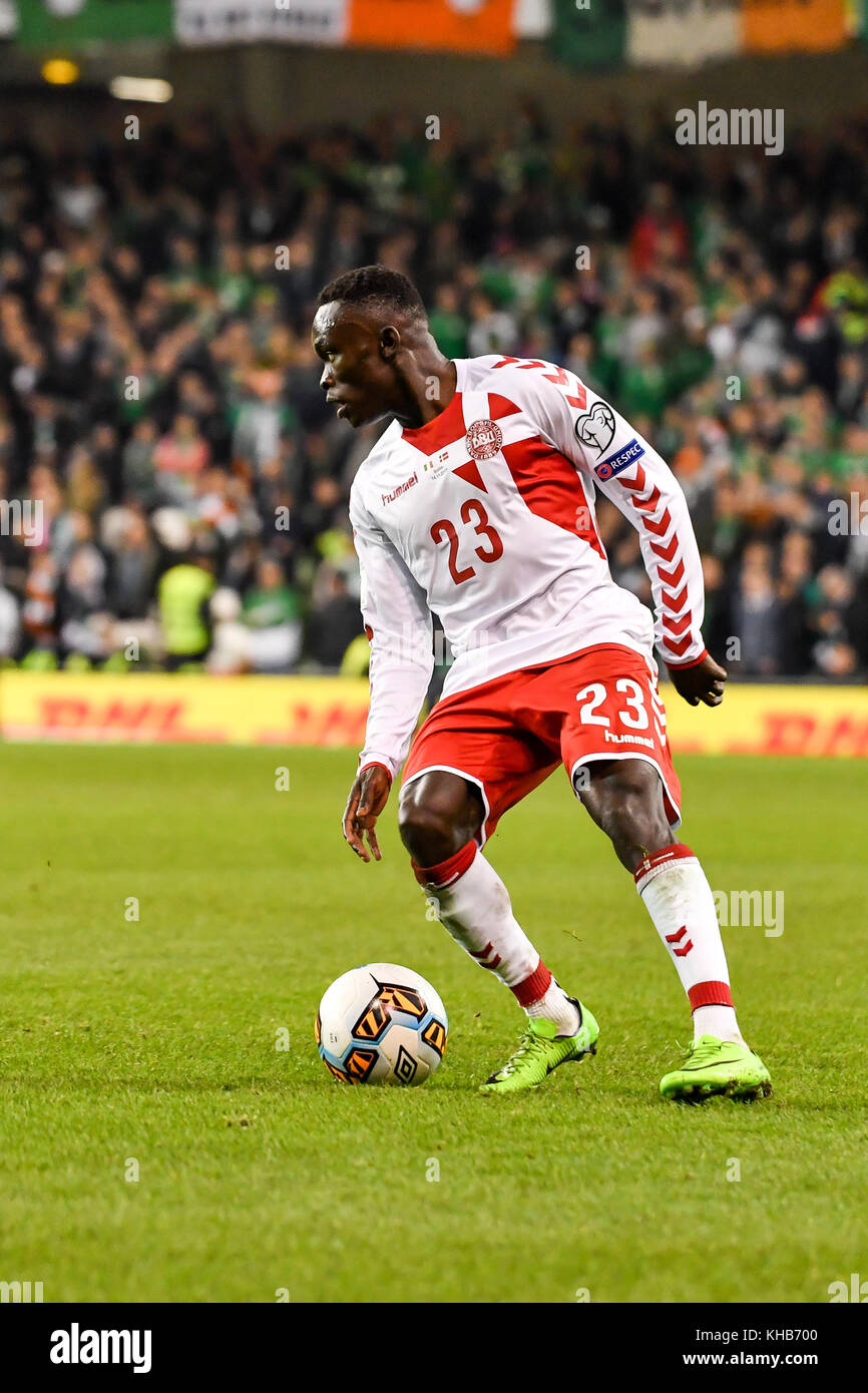 Dublino, Irlanda. 14 novembre 2017. Pione Sisto durante le qualificazioni alla Coppa del mondo FIFA 2018 Gioca fuori partita di calcio tra la Repubblica d'Irlanda e la Danimarca all'Aviva Stadium di Dublino il 14 novembre 2017. Crediti: Ben Ryan/SOPA/ZUMA Wire/Alamy Live News Foto Stock