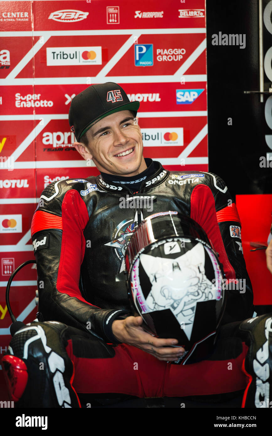 Valencia, Spagna. Xv nov, 2017. #45 Scott Redding (British) aprilia racing team Gresini durante le prove della nuova stagione MOTOGP 2018. Il circuito di Ricardo Tormo di Valencia, Spagna. mercoledì 15 novembre 2017. Credito: gtres información más comuniación sulla linea, s.l./alamy live news Foto Stock