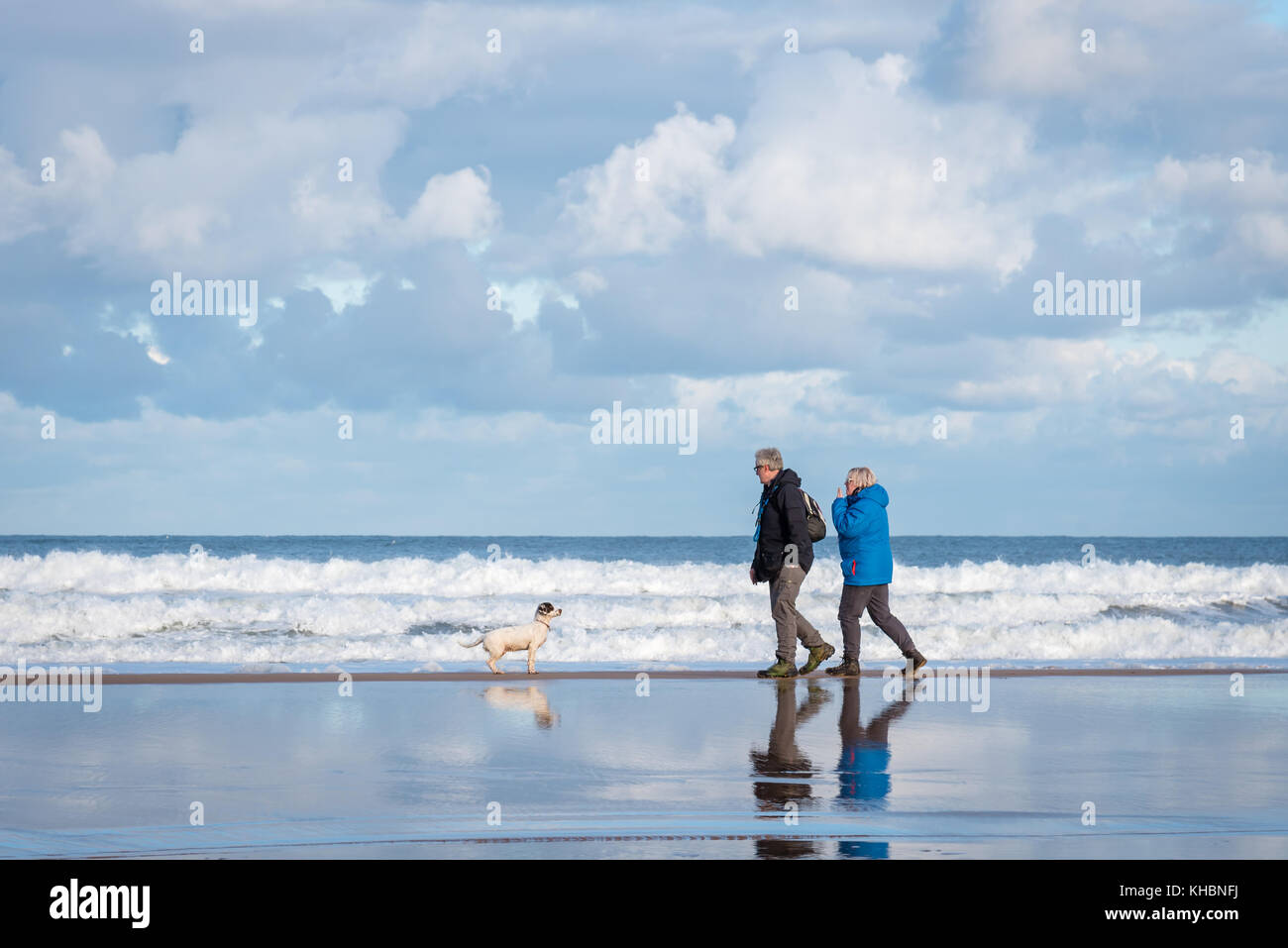 Giovane passeggiate con il cane lungo la spiaggia Foto Stock