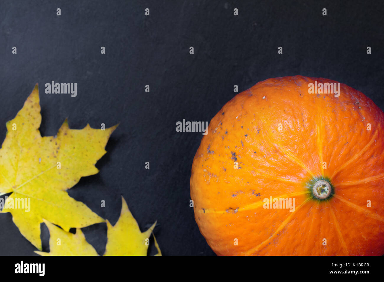 La zucca con colorate Foglie di autunno Foto Stock