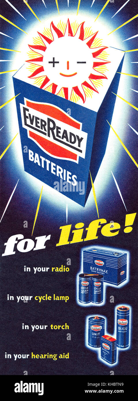 1954 British pubblicità per EverReady batterie. Foto Stock