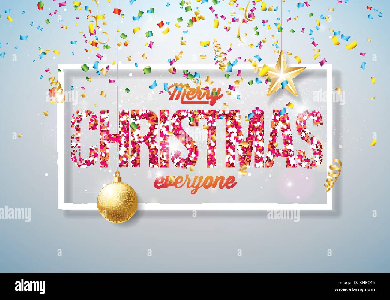 Vector Merry Christmas illustrazione sul lucido sfondo luminoso con la tipografia e elementi di vacanza. carta ritagliata stelle, coriandoli, serpentine e sfera ornamentali. Illustrazione Vettoriale