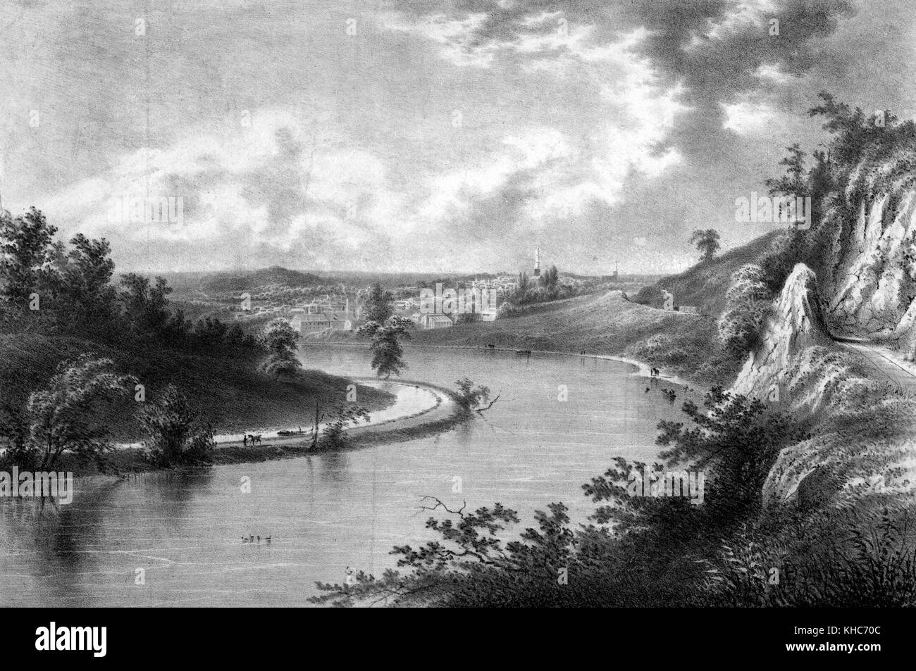 Dipinto di un fiume e colline intitolato Reading from the South, 1838. Dalla New York Public Library. Foto Stock