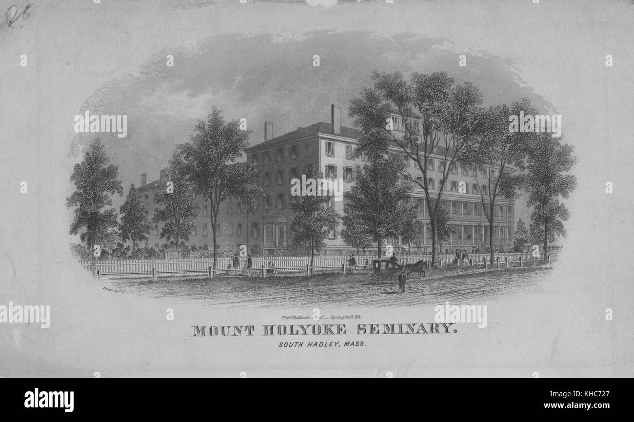 Incisione del Seminario di Mount Holyoke, South Hadley, Massachusetts, 1860. Dalla Biblioteca pubblica di New York. Foto Stock