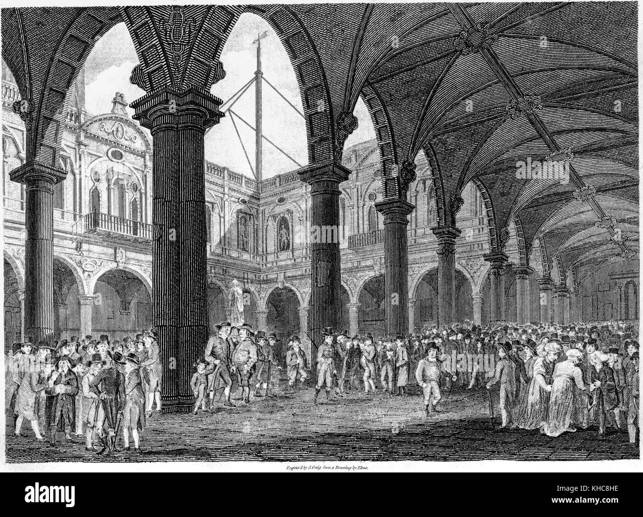 Una incisione dell'interno del Royal Exchange, Londra scansionati ad alta risoluzione da un libro stampato nel 1819. Ritiene copyright free. Foto Stock