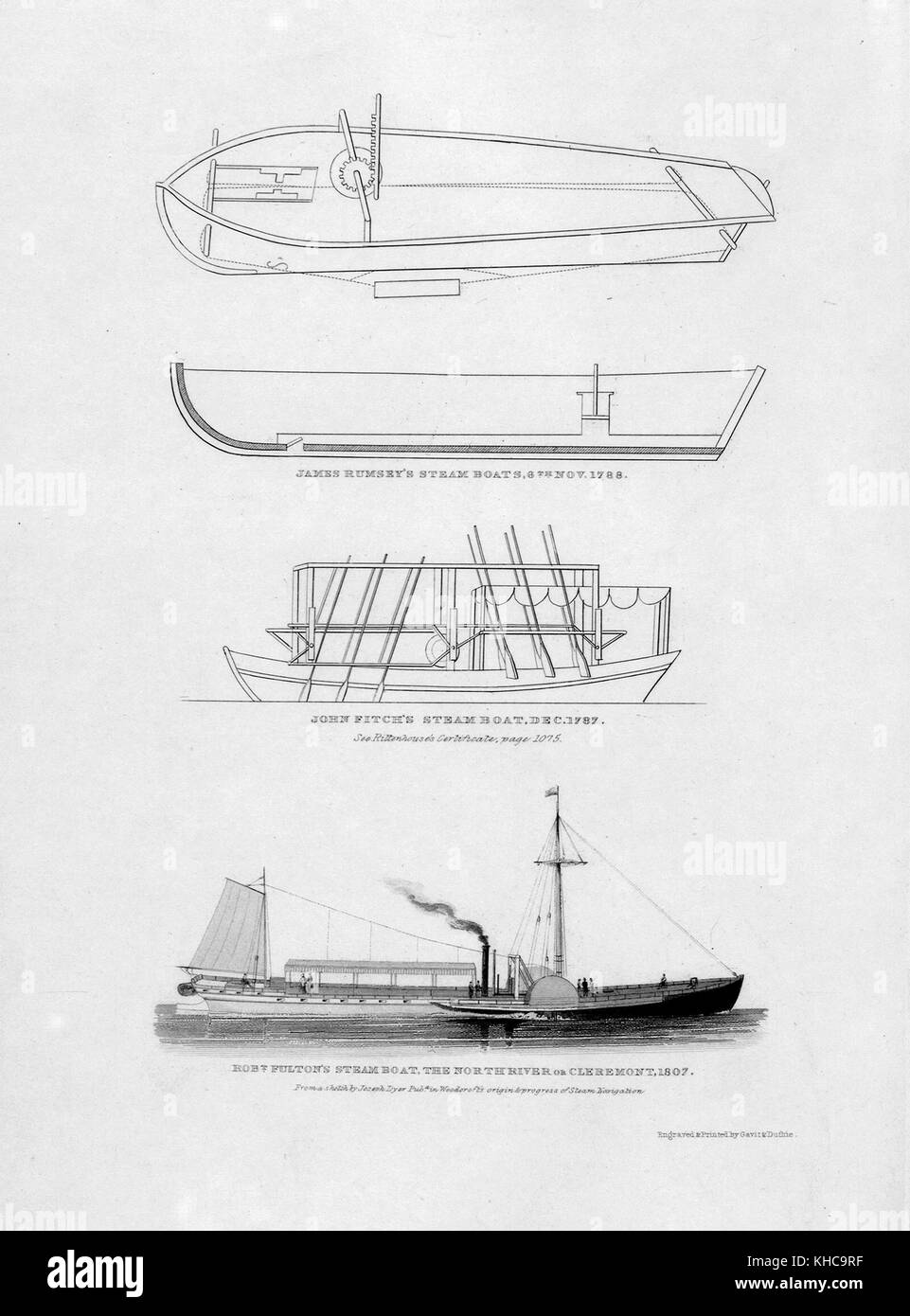 Quattro incisioni di barche a vapore, le prime due incisioni presentano disegni tecnici per due delle barche a vapore di James Rumsey, la terza immagine dall'alto presenta un disegno tecnico del battello a vapore di John Fitch, l'immagine inferiore presenta il battello a vapore di Robert Fulton noto come Clermont passando per una barca a vela, 1801. Dalla Biblioteca pubblica di New York. Foto Stock